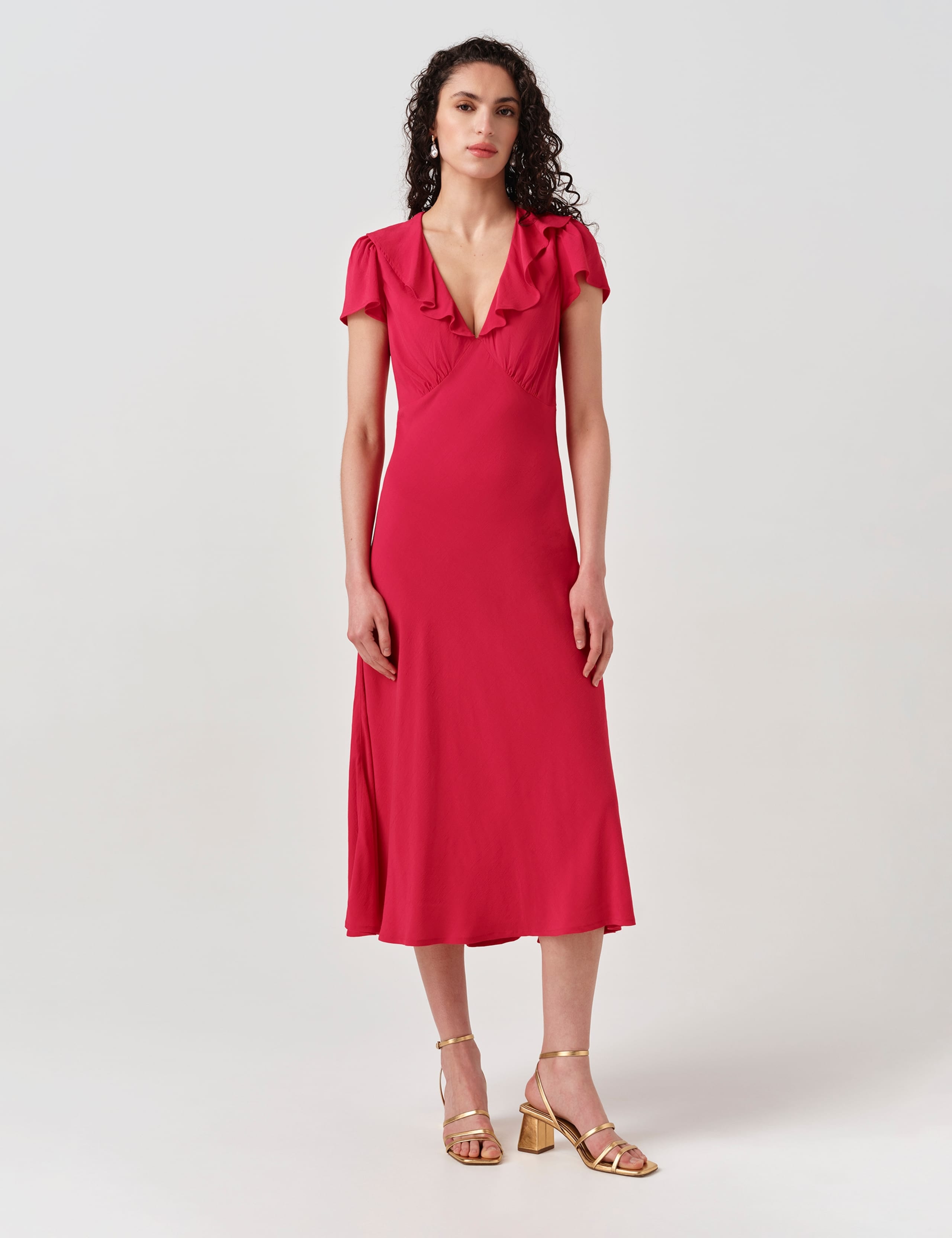 Crepe Frill V-Neck Midi Tea Dress