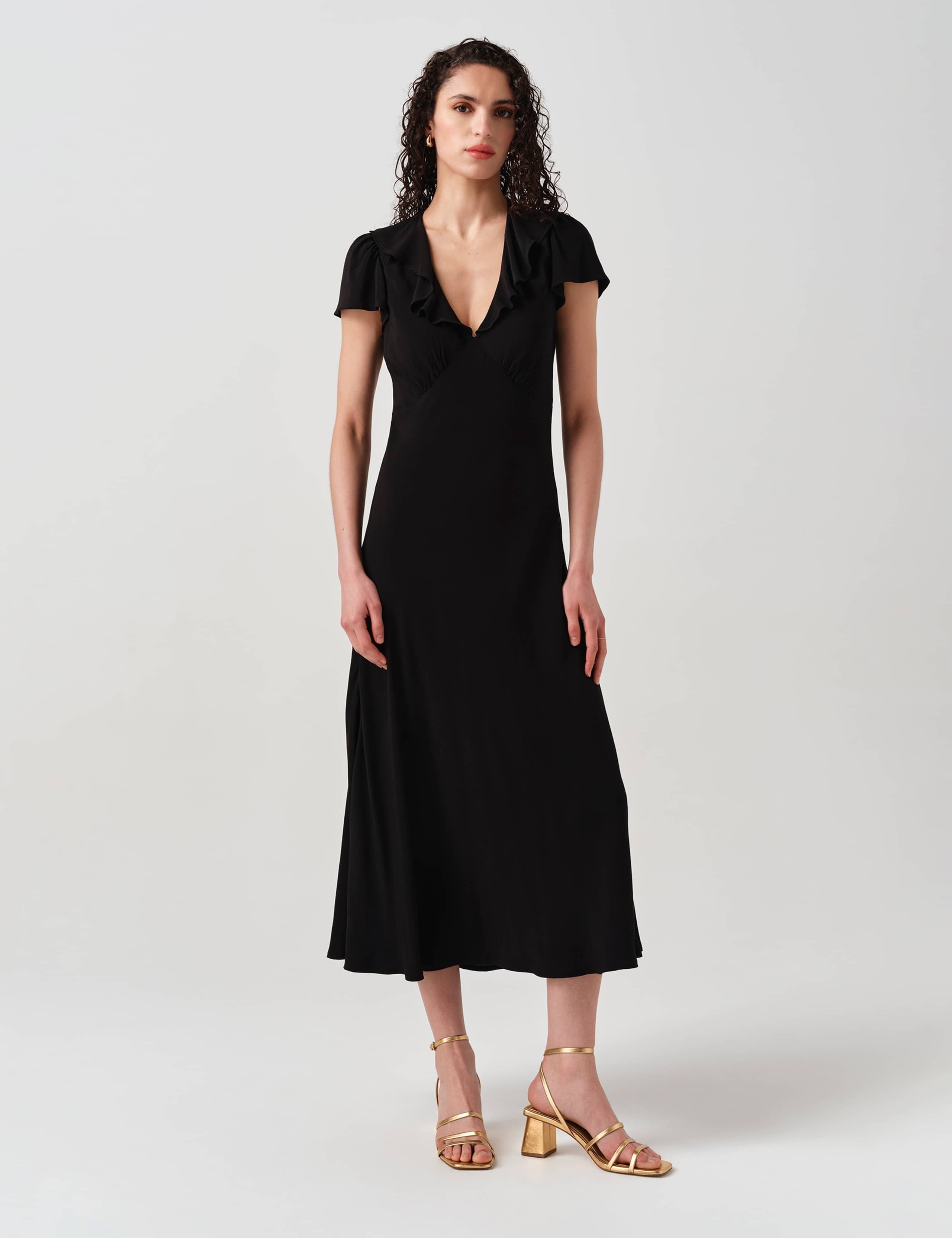 Crepe Frill V-Neck Midi Tea Dress