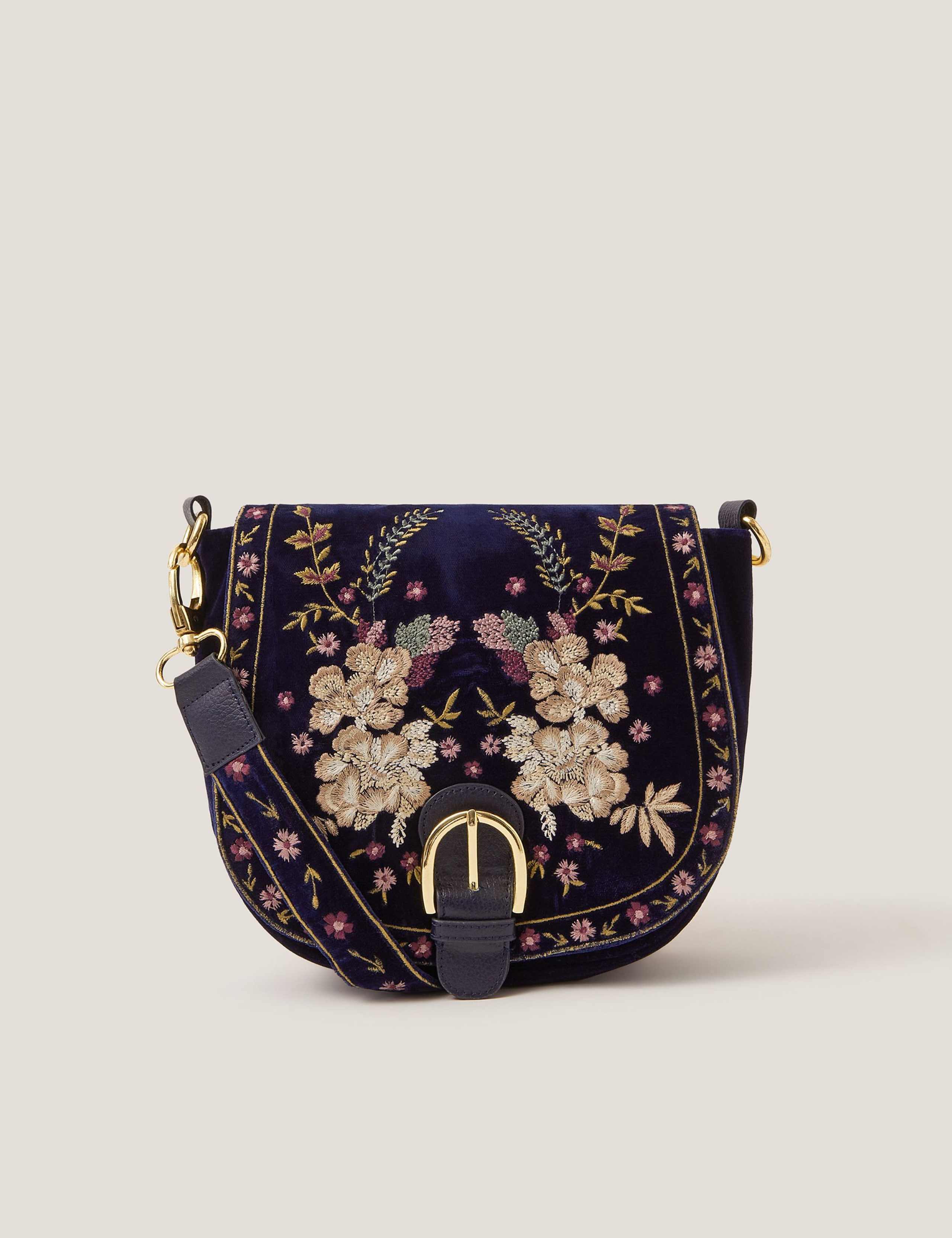 Velvet Floral Embroidered Cross Body Bag
