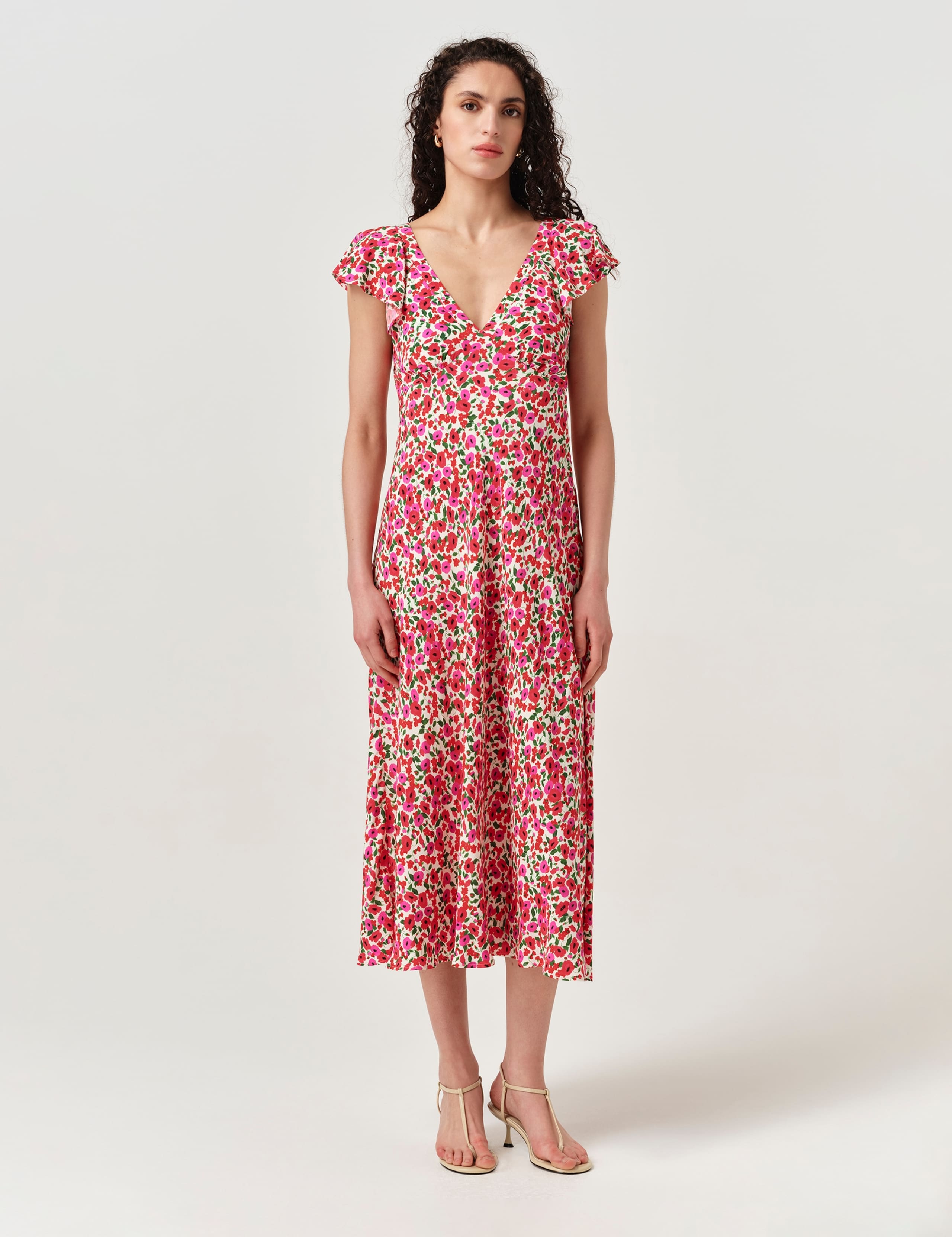 Crepe Floral V-Neck Midi Tea Dress