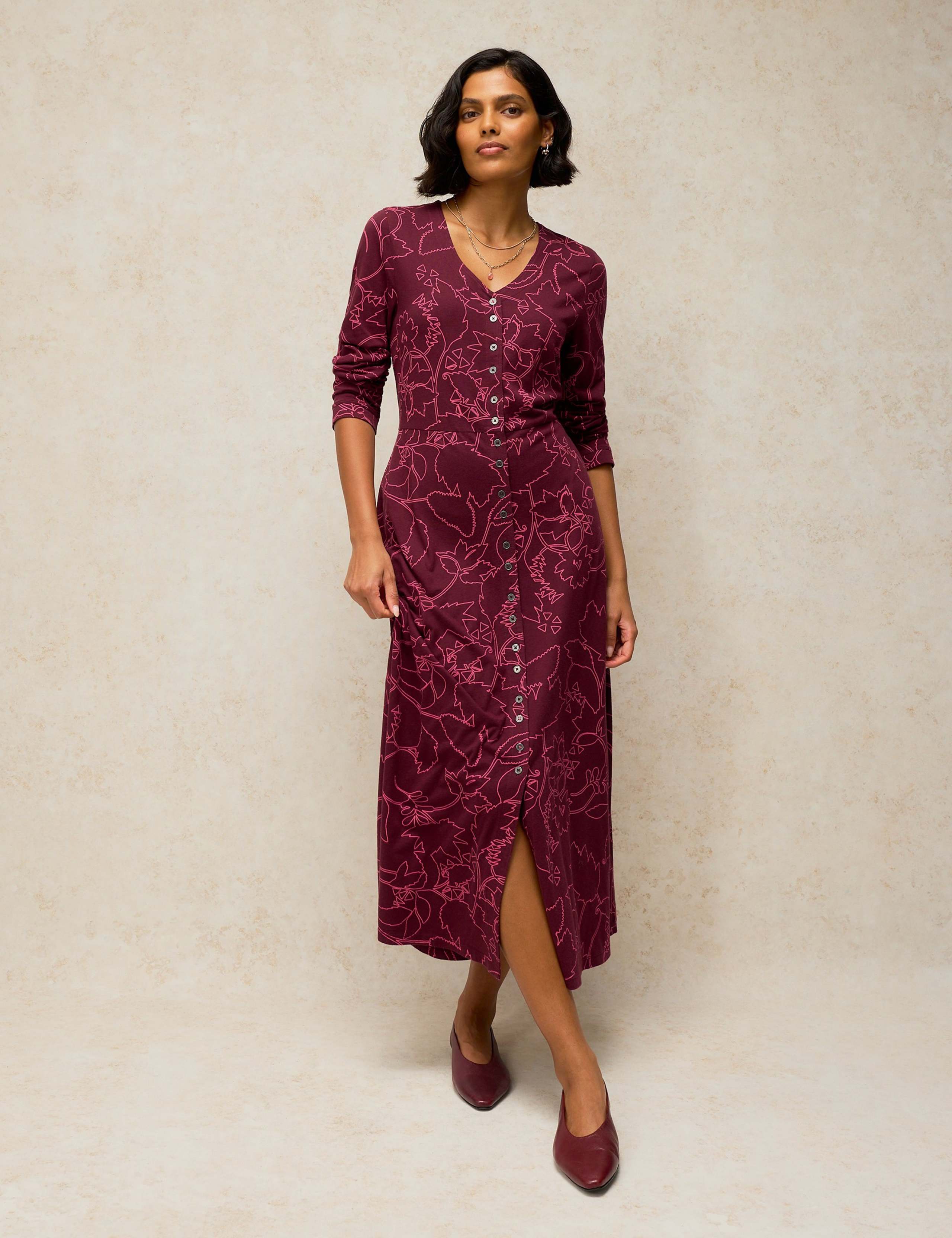 Cotton Blend Printed Button Through Midi Dress