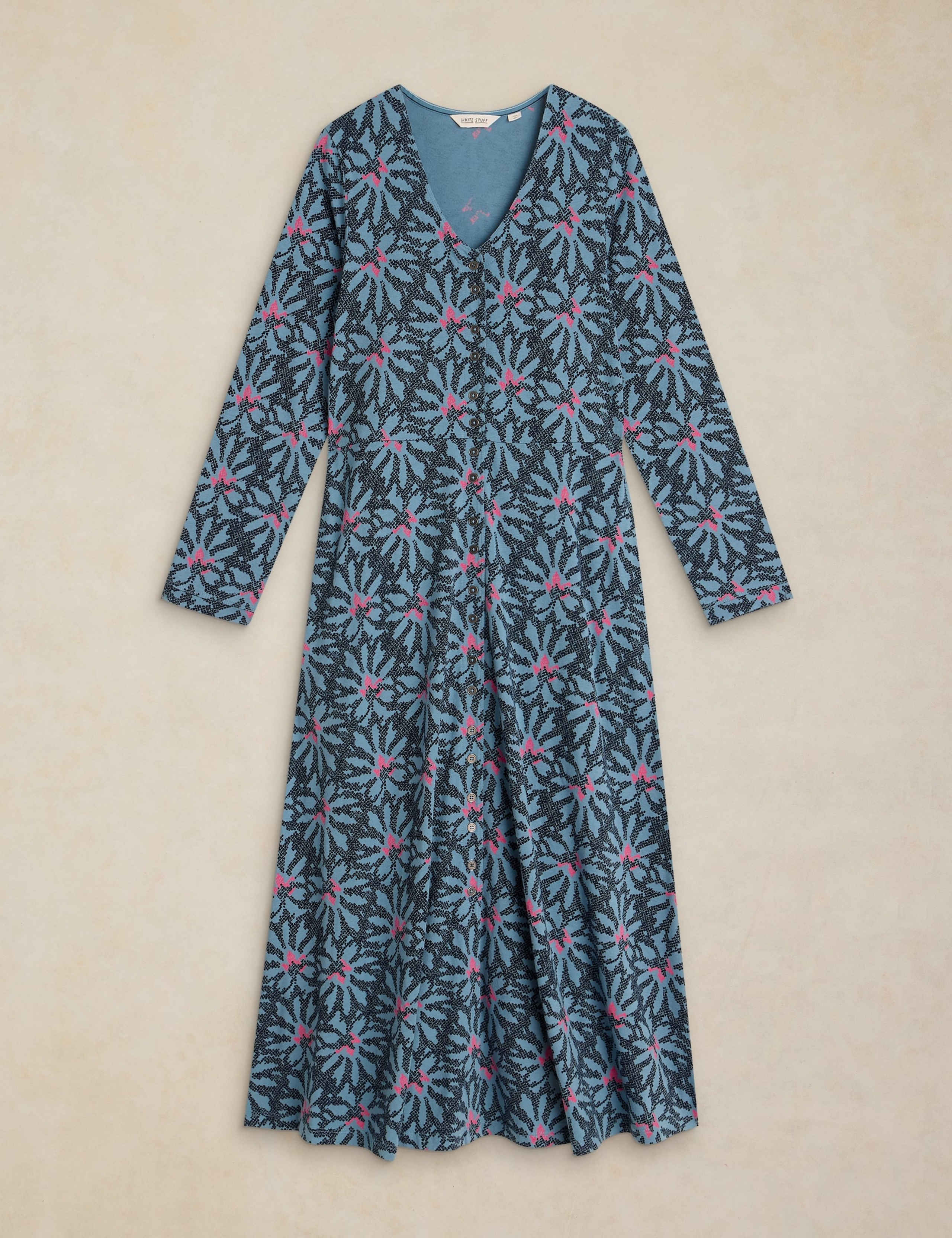 Cotton Blend Printed Button Through Midi Dress