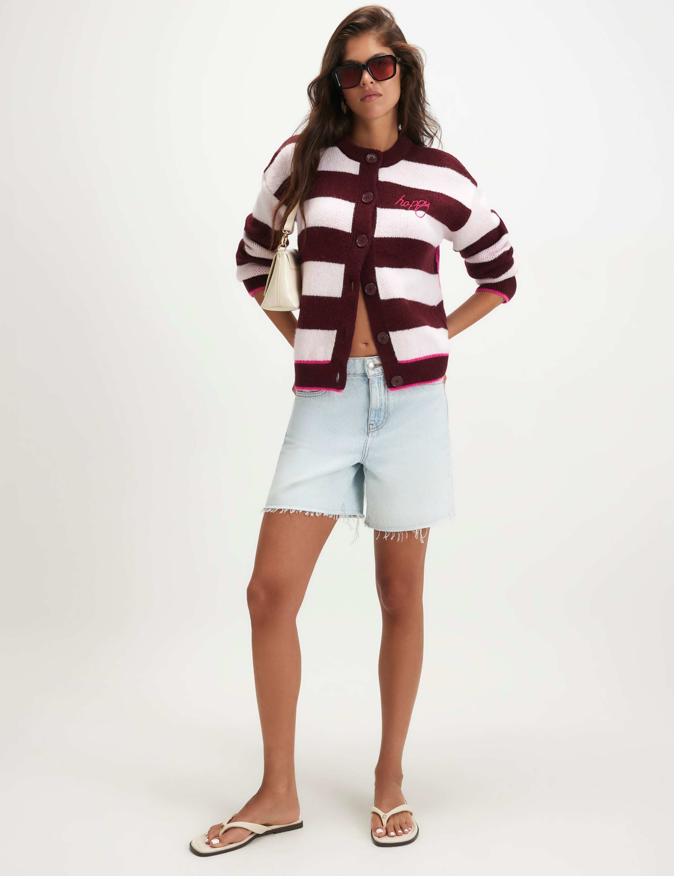 Slogan Striped Button Front Cardigan