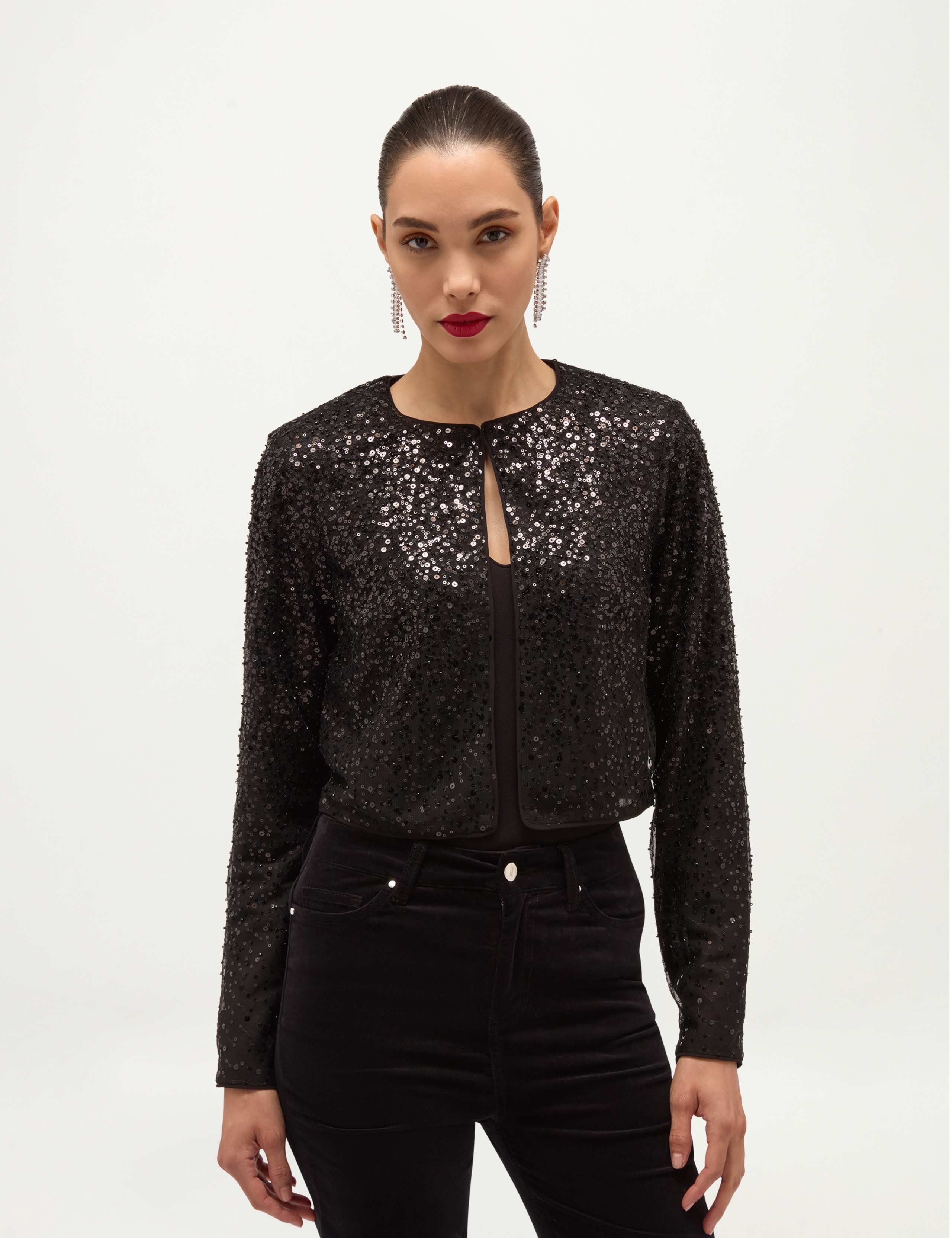 Sequin Crew Neck Cropped Jacket