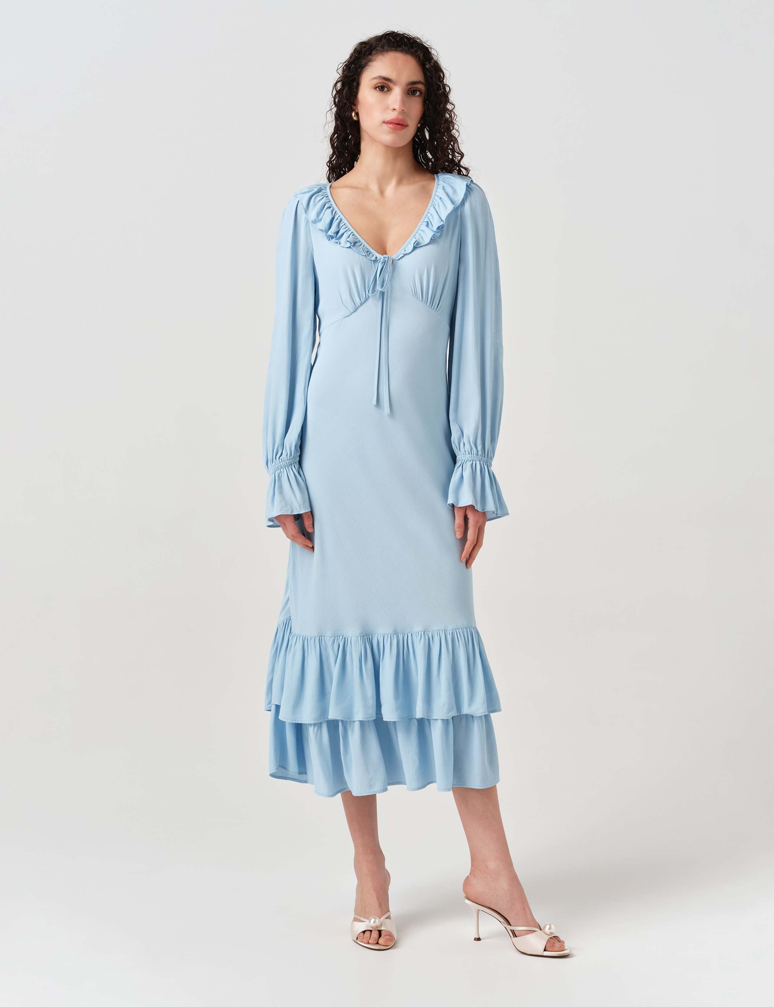 Crepe Ruffle Hem Midi Dress