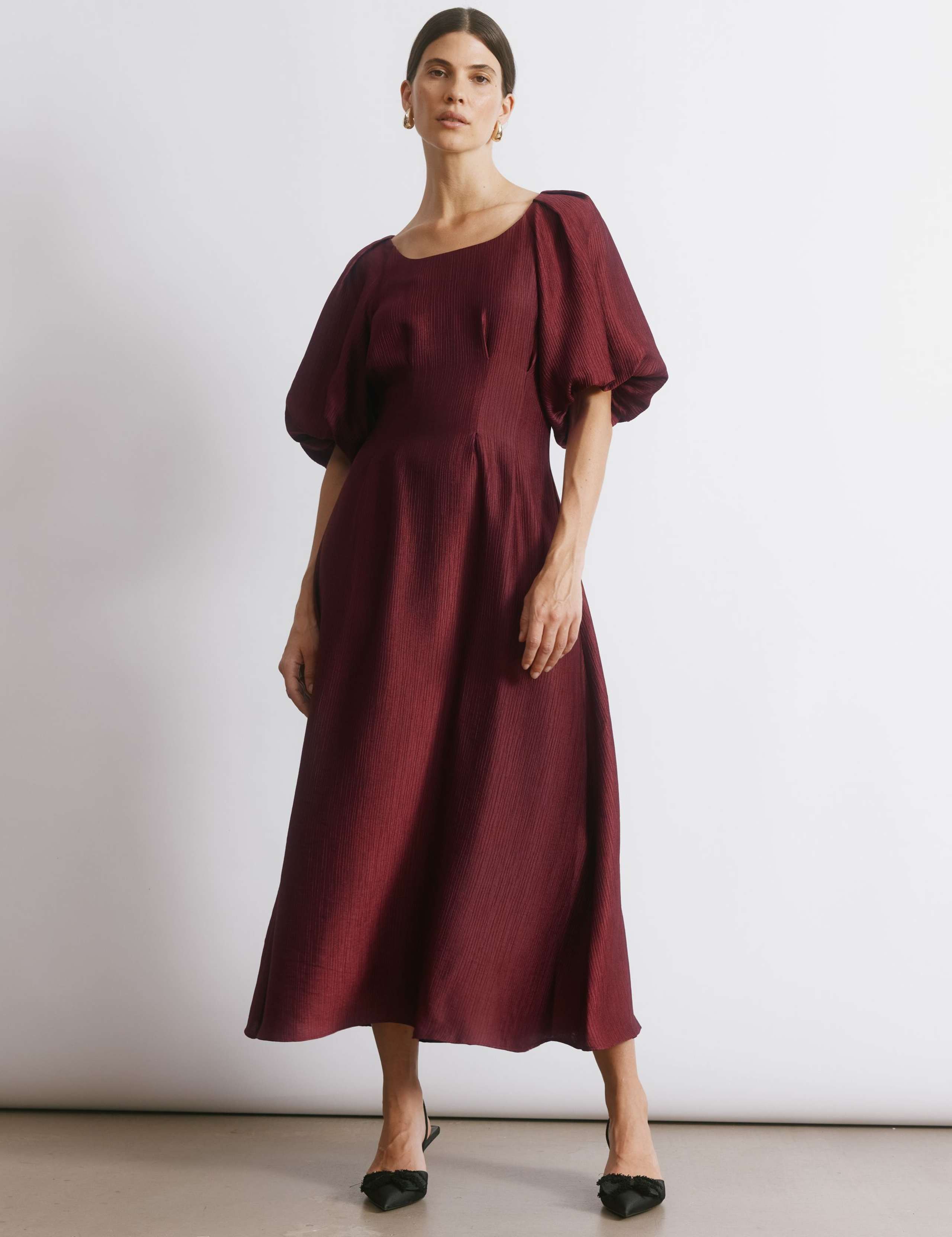 Satin Crinkle Round Neck Midi Skater Dress