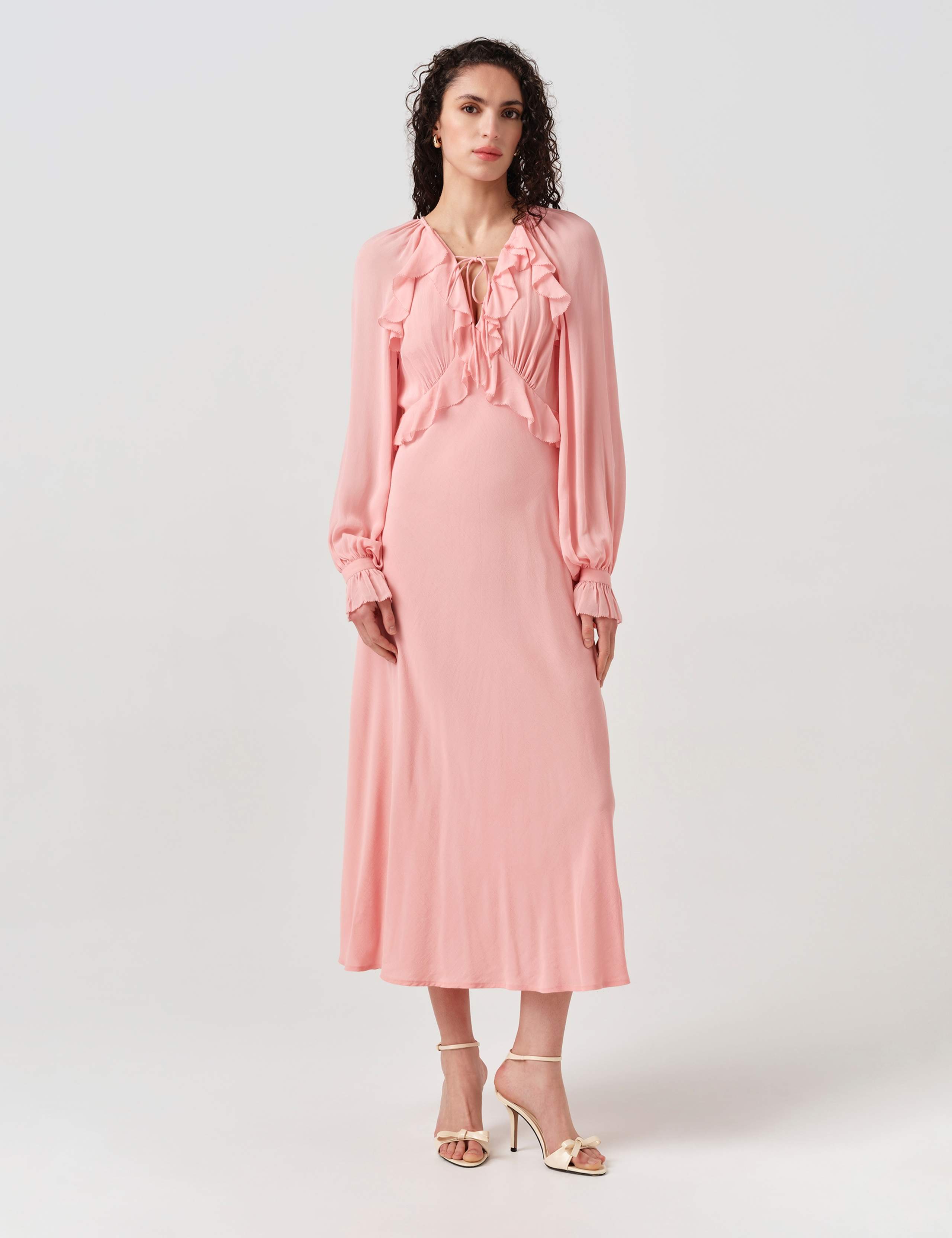 V-Neck Frill Detail Midi Dress