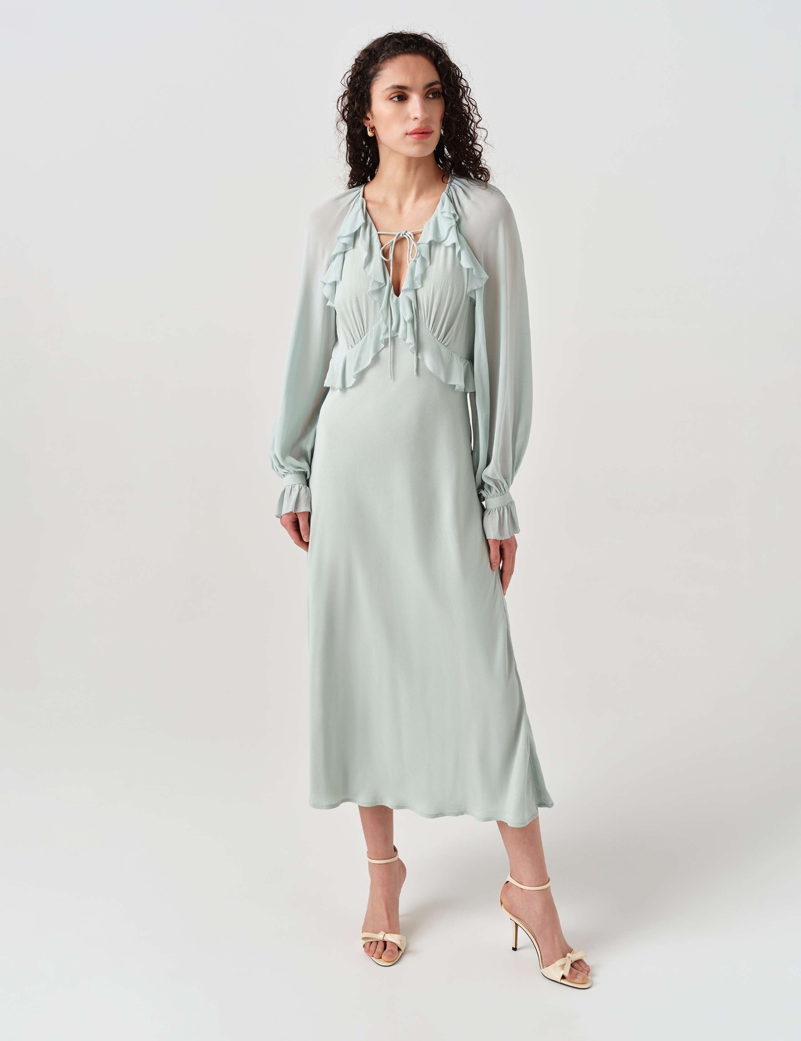 V-Neck Frill Detail Midi Dress