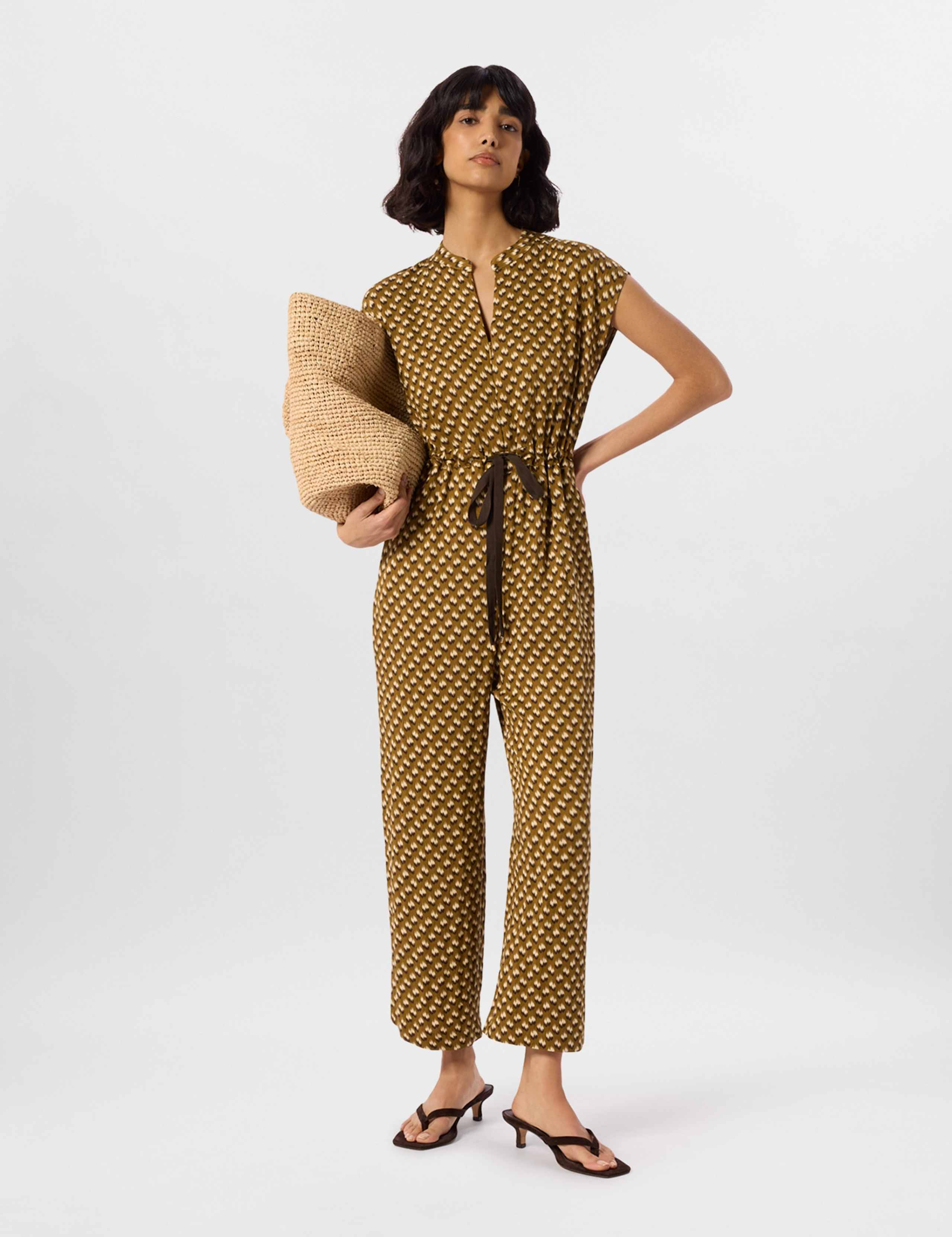 Spot Drawstring Cap Sleeve Jumpsuit