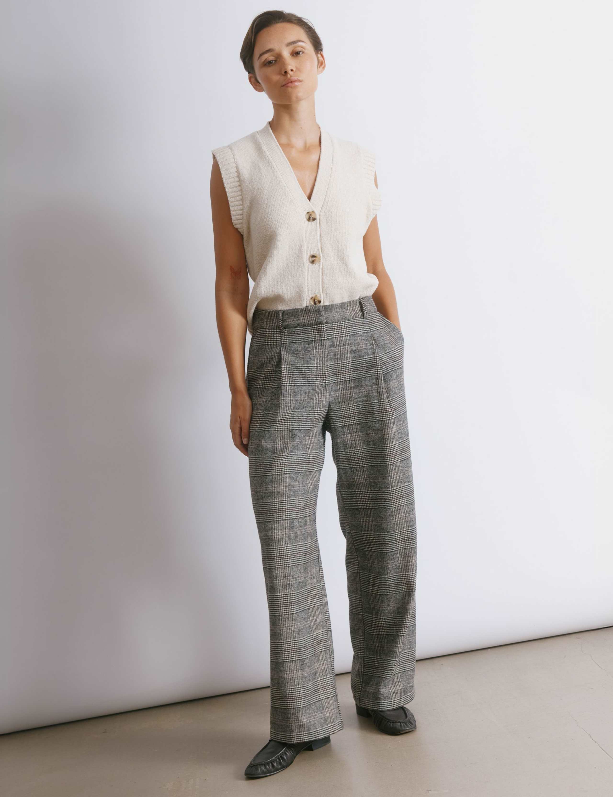 Checked Wide Leg Trousers with Wool