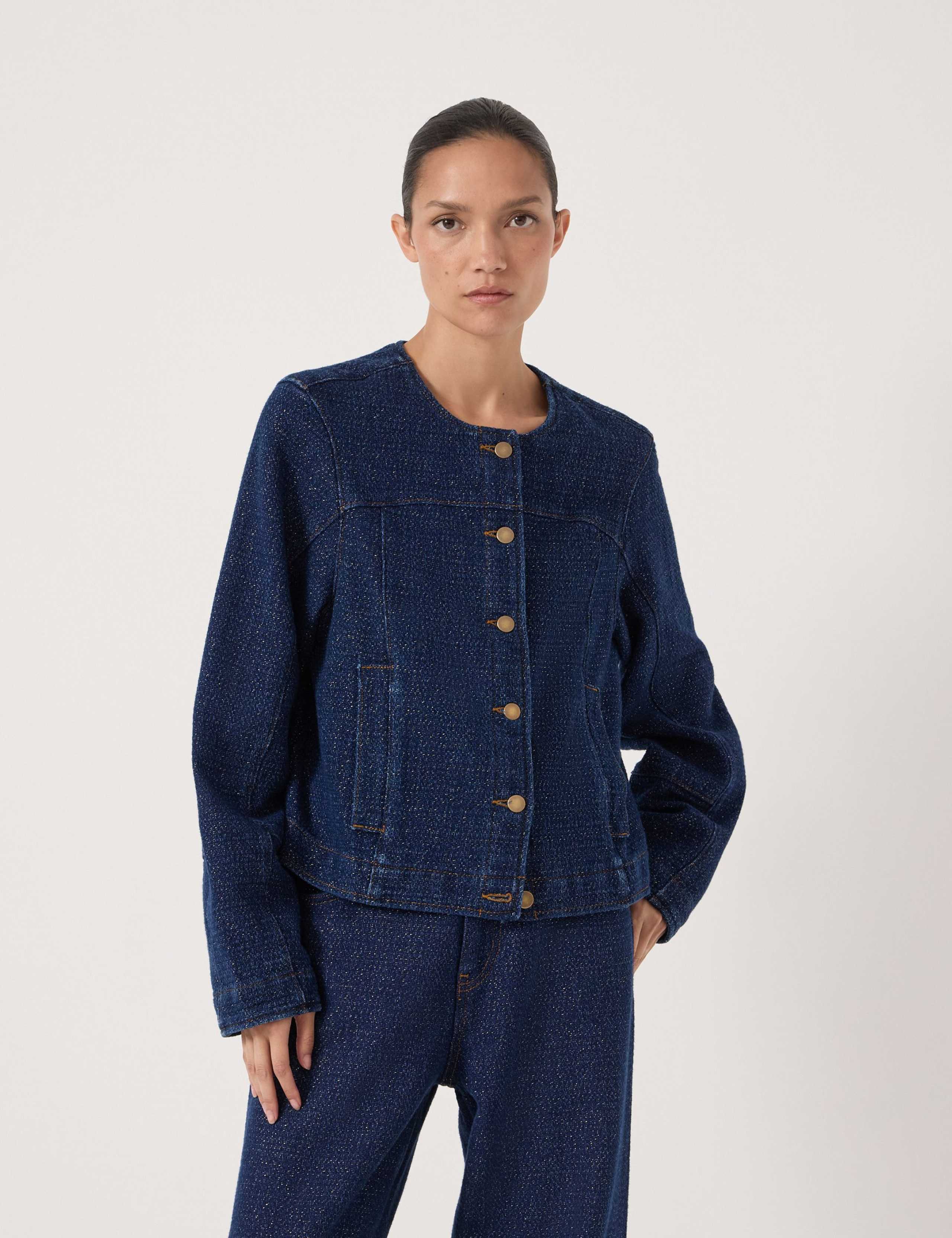 Denim Sparkly Collarless Jacket