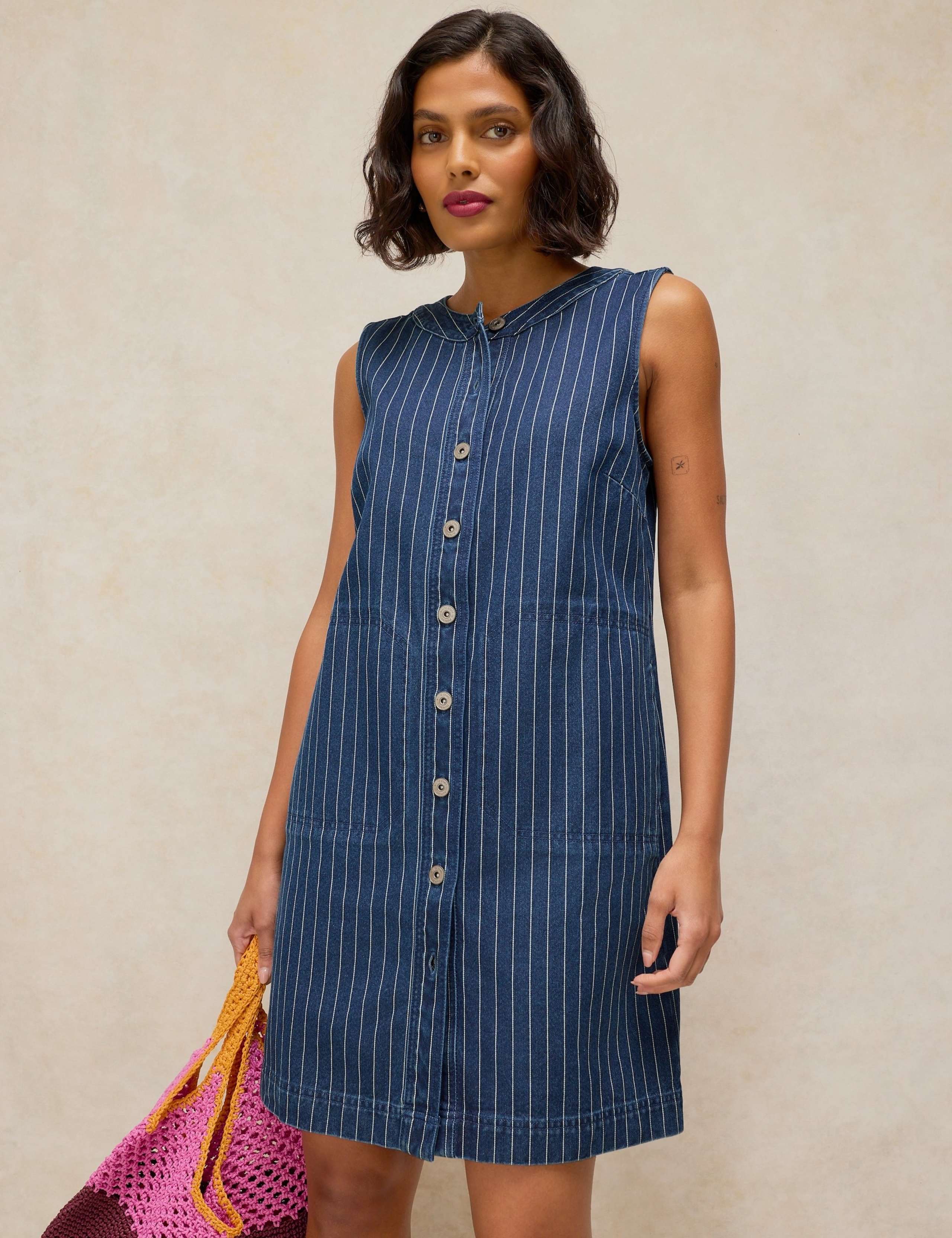 Denim Striped Midi Shift Dress