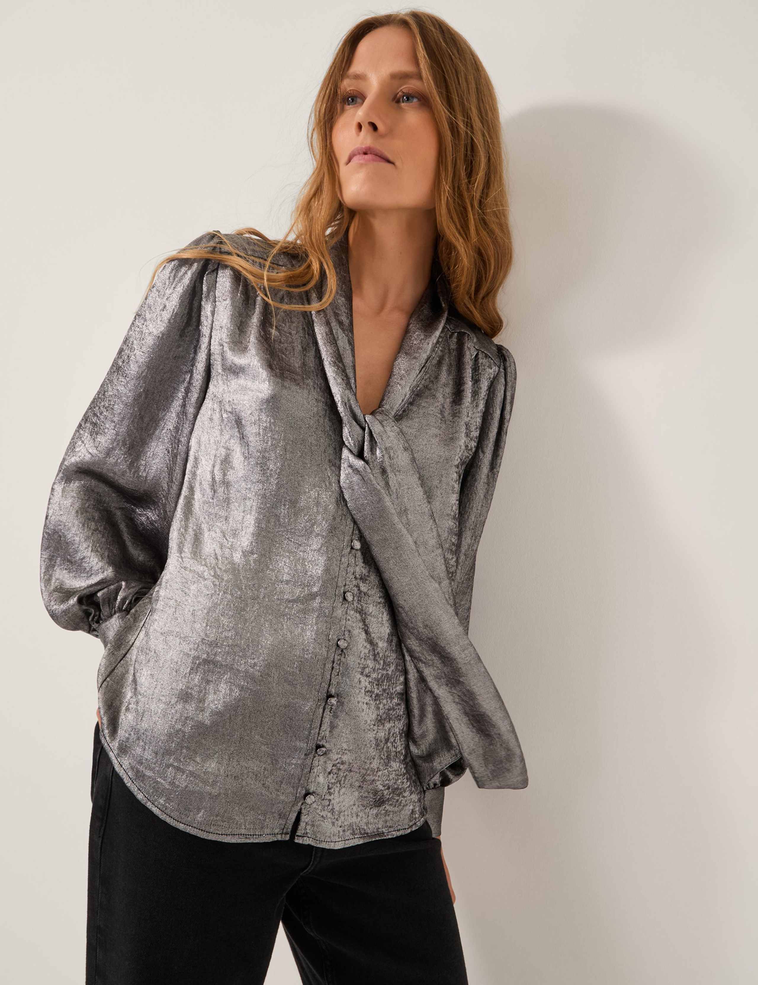 Metallic Tie Neck Blouse