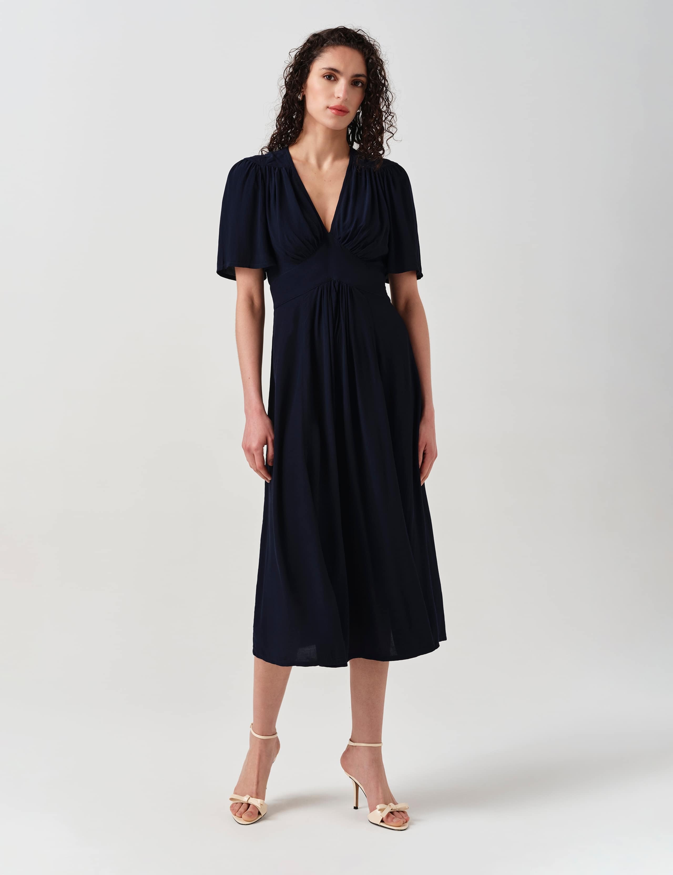 Crepe V-Neck Angel Sleeve Midi Tea Dress