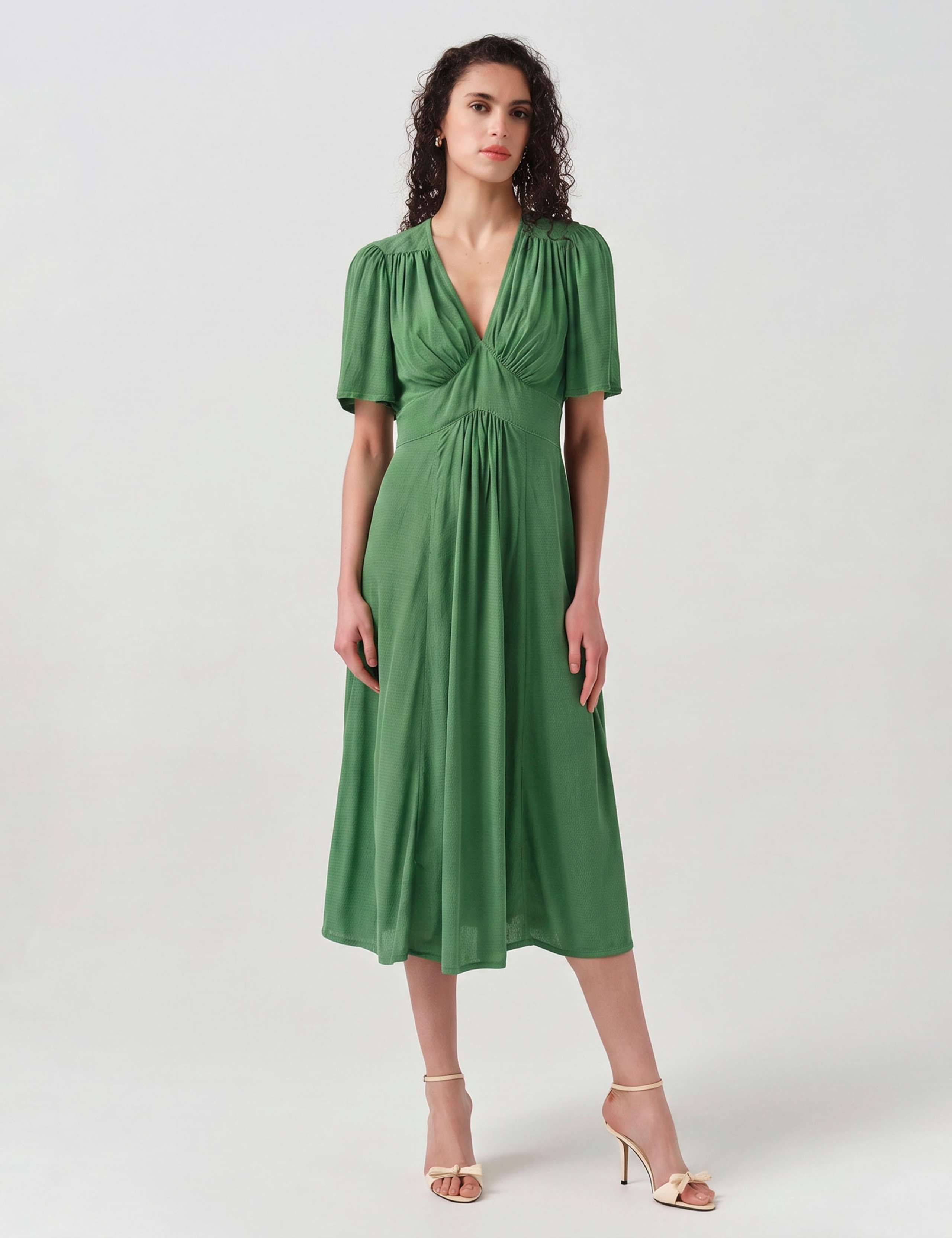 Crepe V-Neck Angel Sleeve Midi Tea Dress