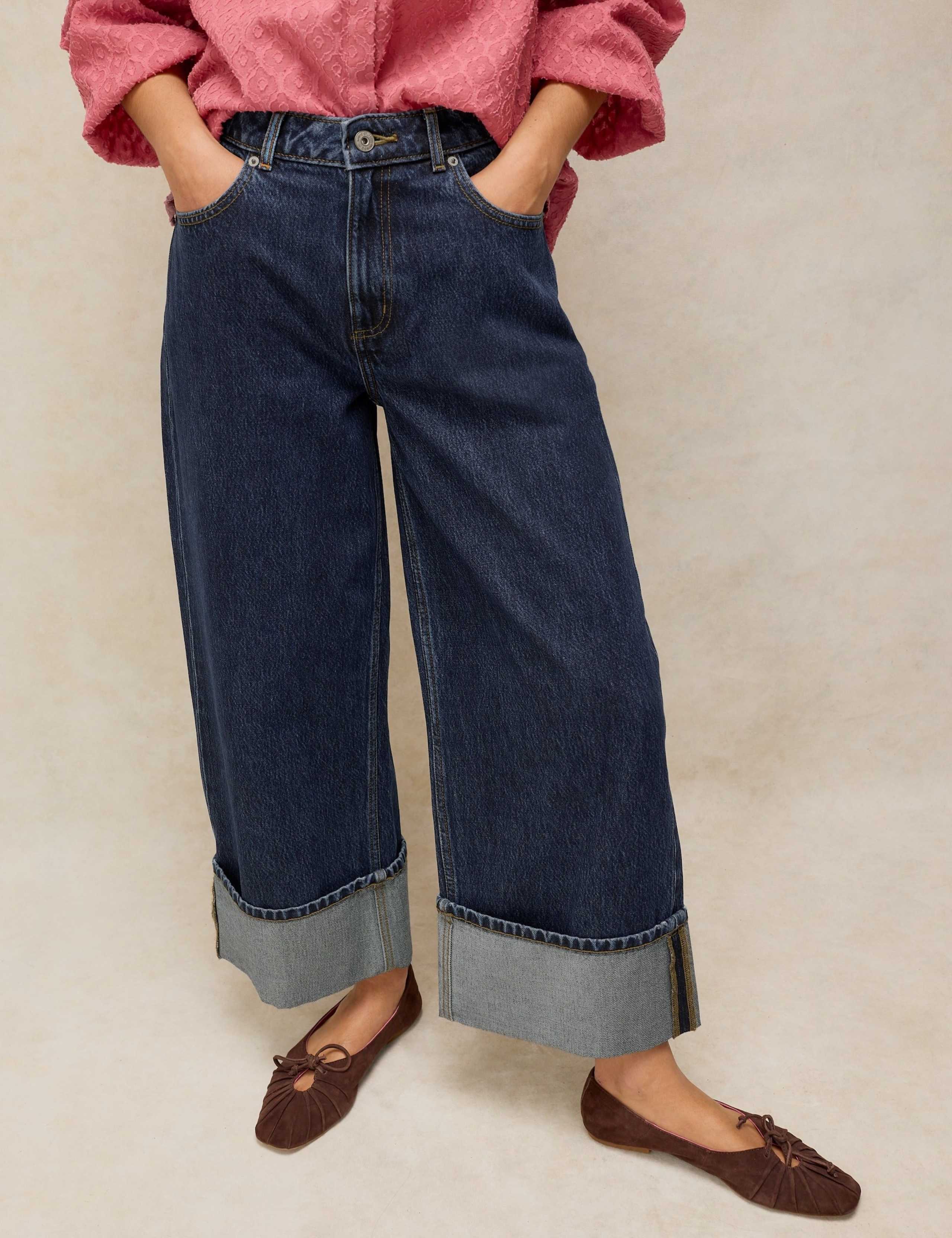 Mid Rise Wide Straight Leg Turn Up Jeans