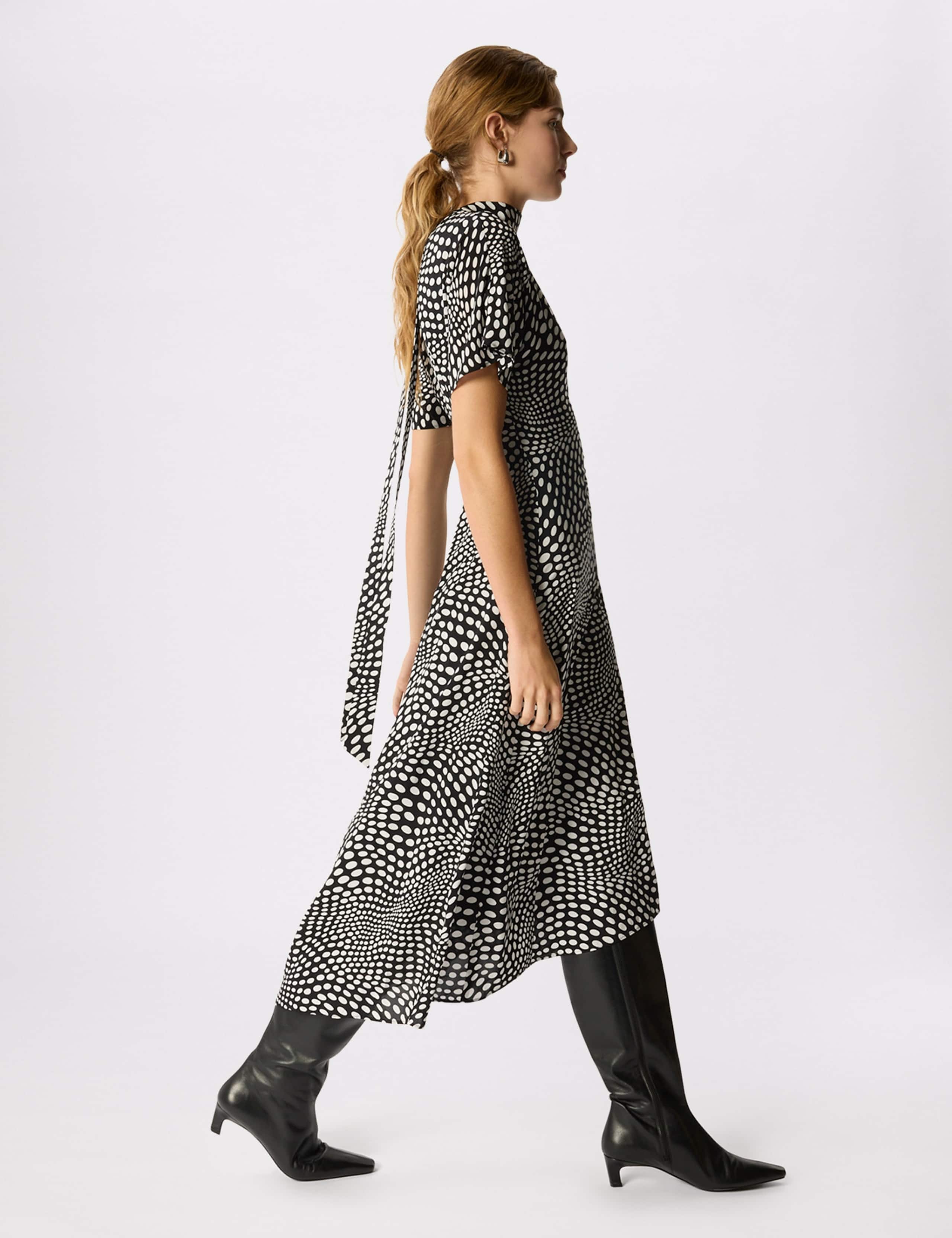 Polka Dot V-Neck Scarf Neck Midi Column Dress