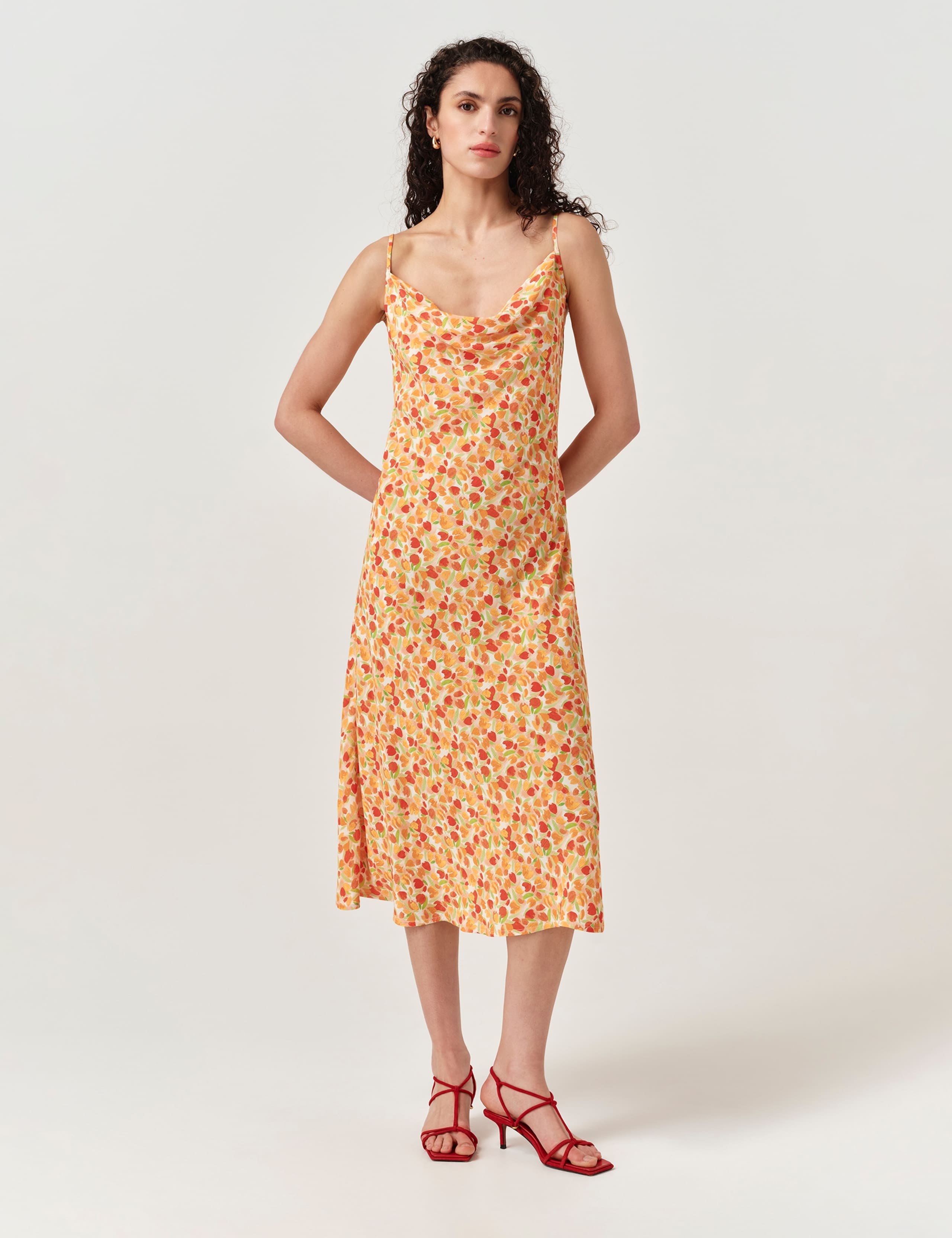 Crepe Floral Cowl Neck Midi Slip Dress