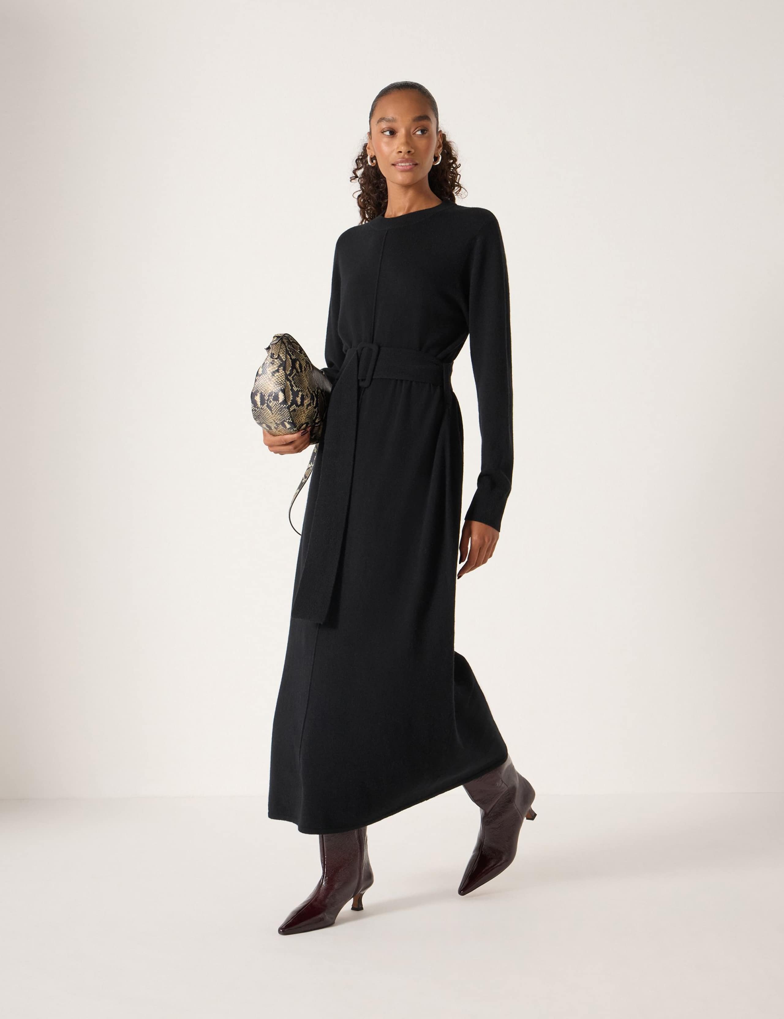 Pure Wool Belted Midi Jumper Dress