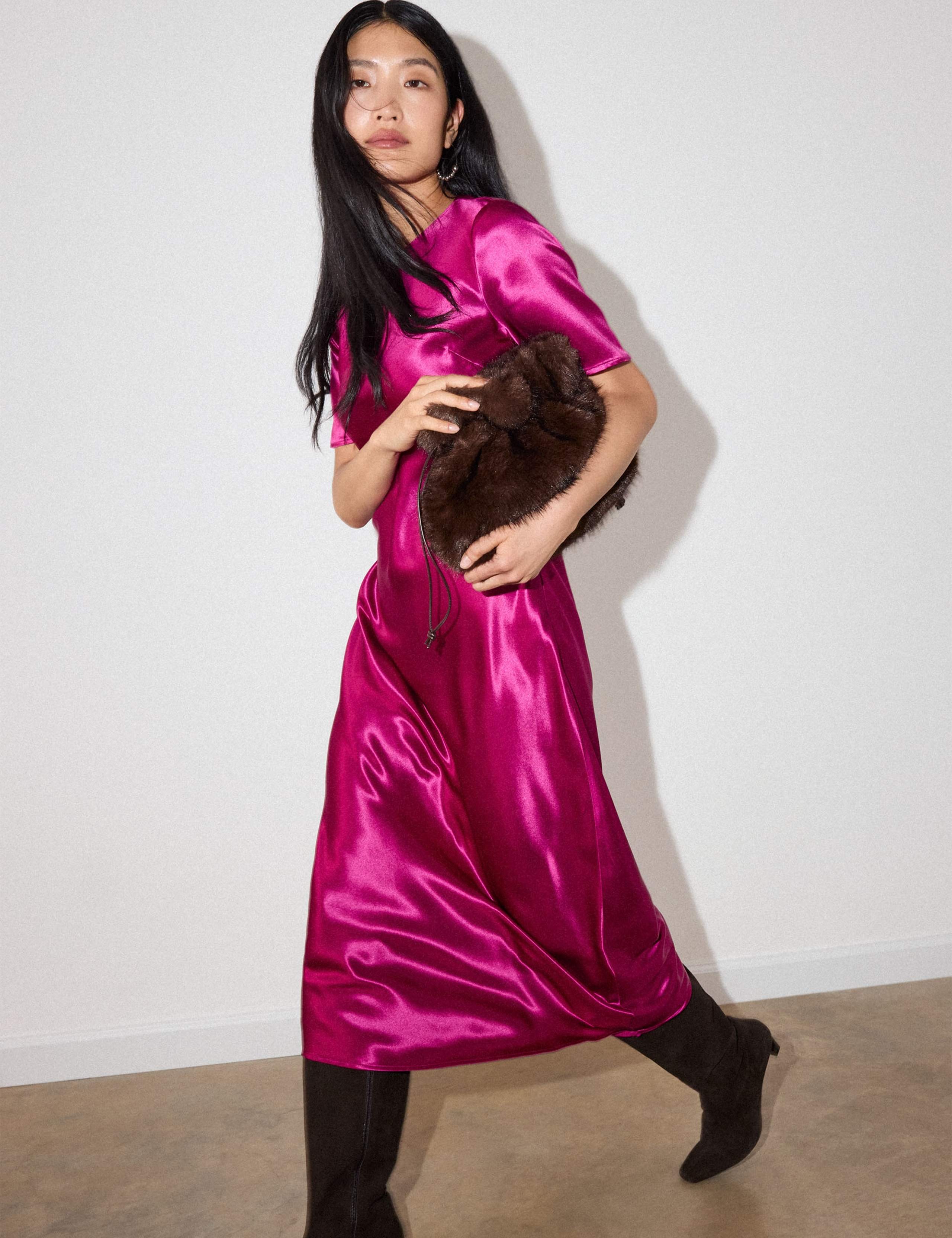 Satin Twist Front Midi Bodycon Dress