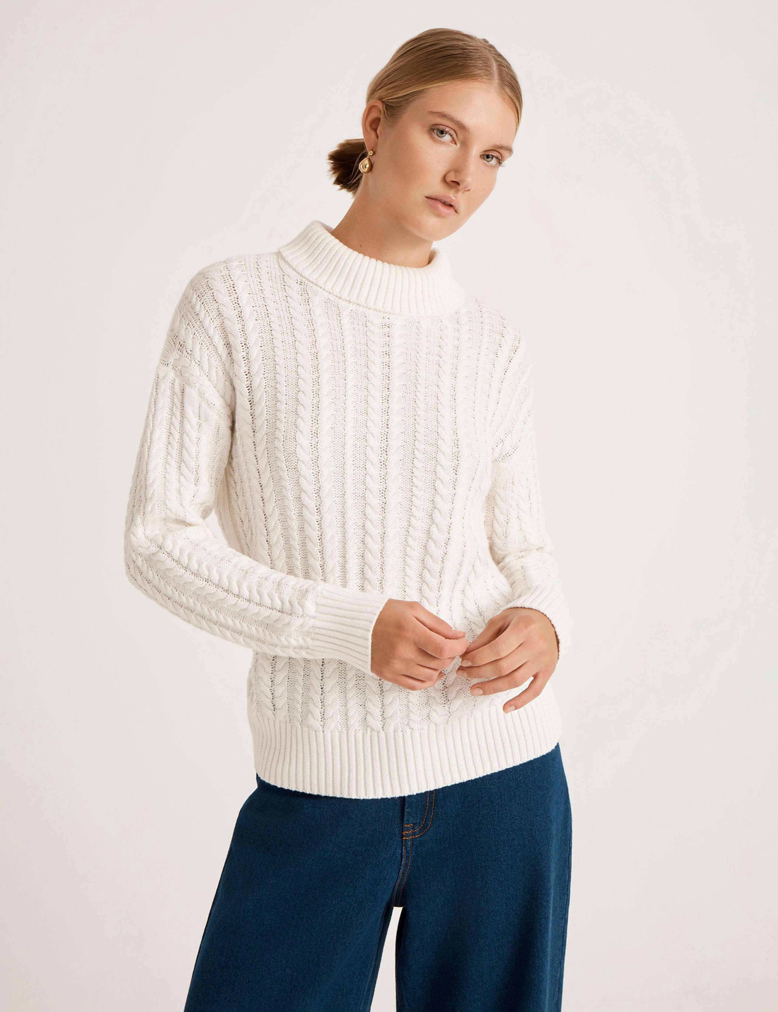 Pure Cotton Cable Knit Funnel Neck Jumper