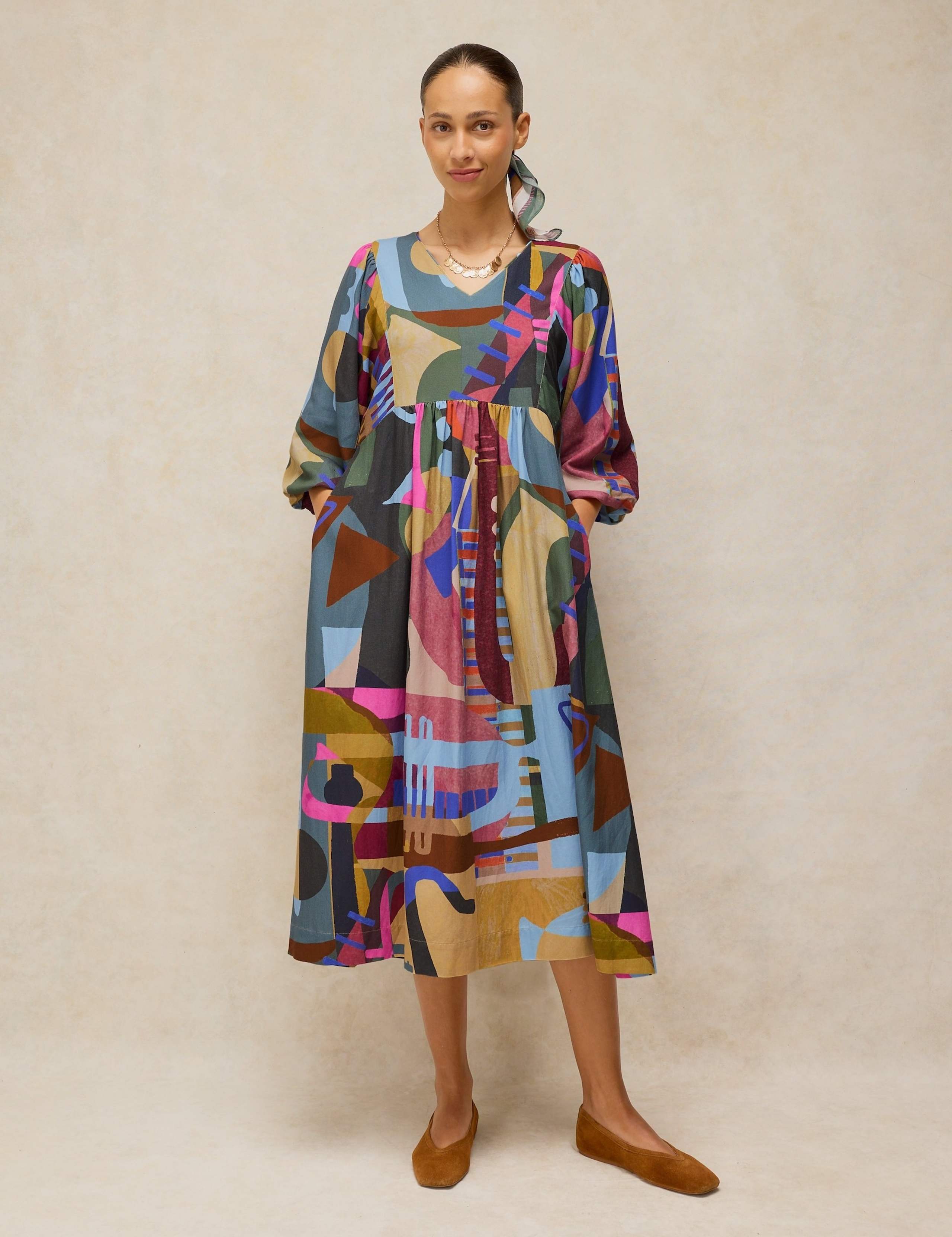 Cotton Blend Printed Midi Dress