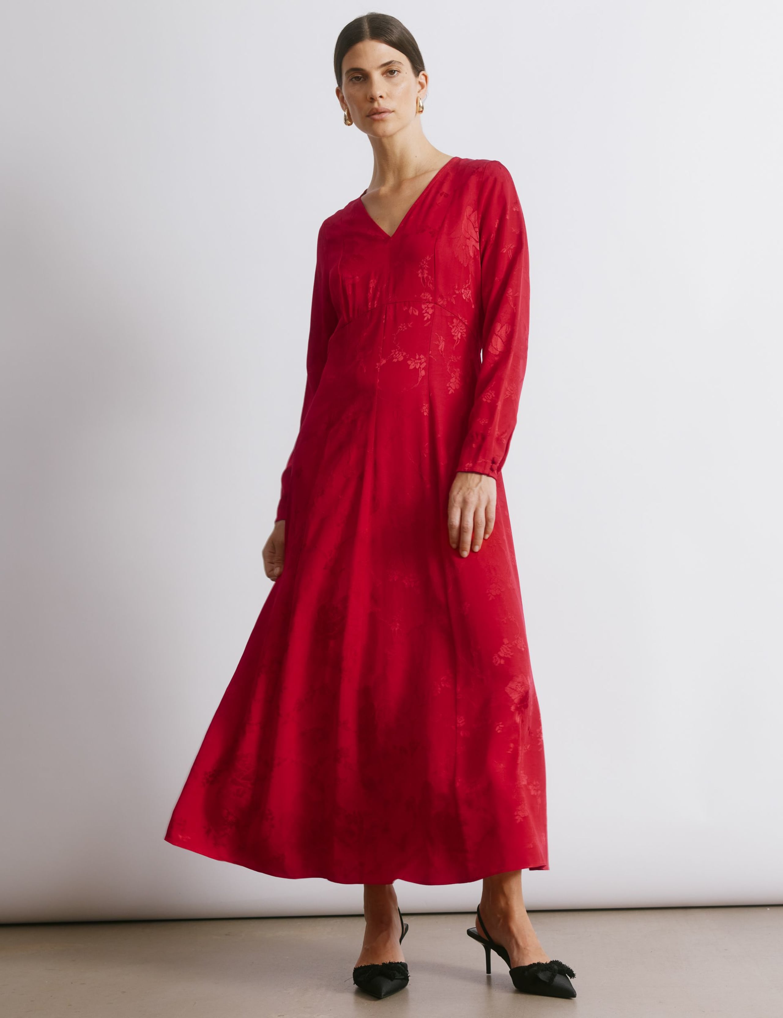 Satin Jacquard V-Neck Midi Skater Dress
