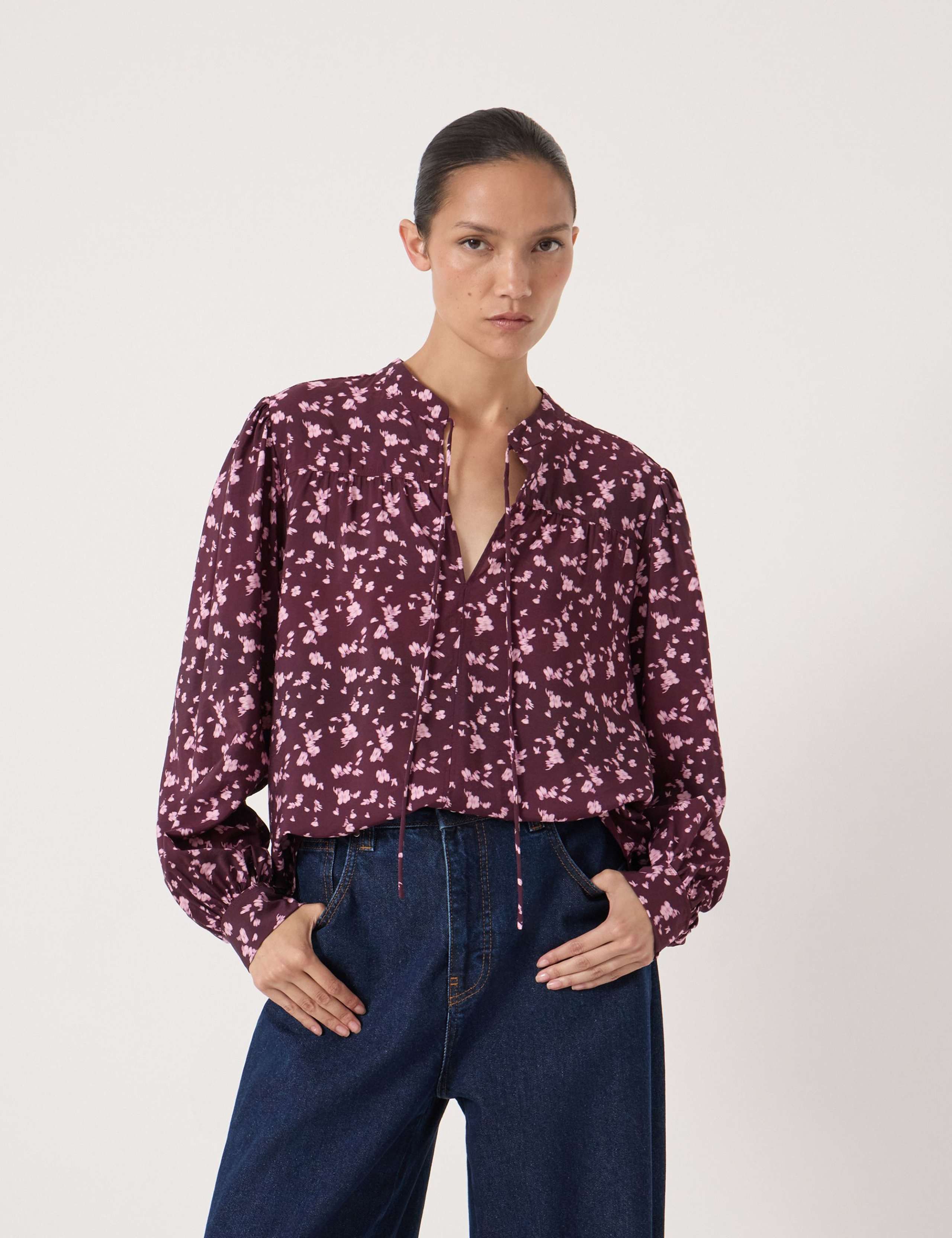 Floral Tie Front Blouson Sleeve Blouse