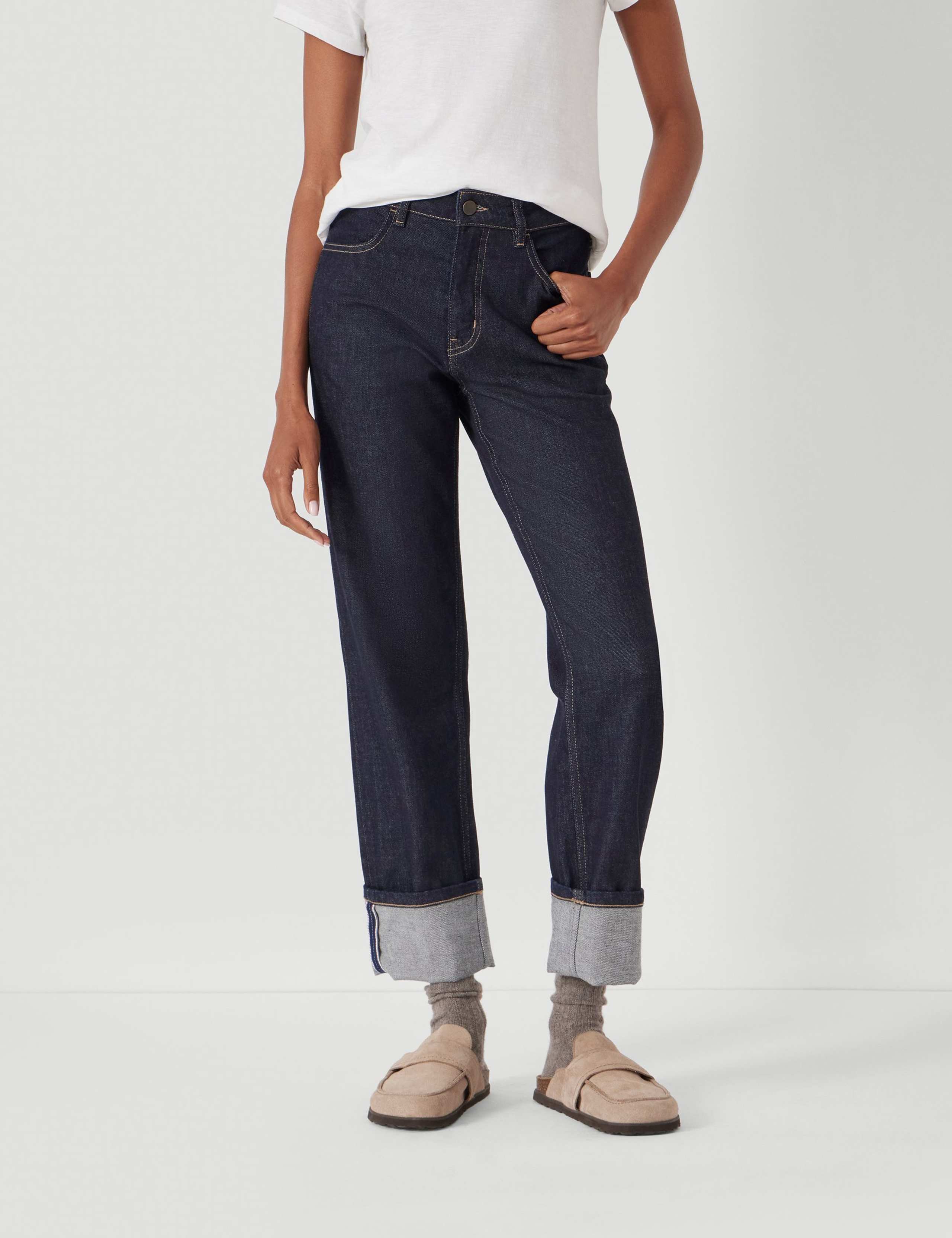 Mid Rise Straight Leg Turn Up Jeans