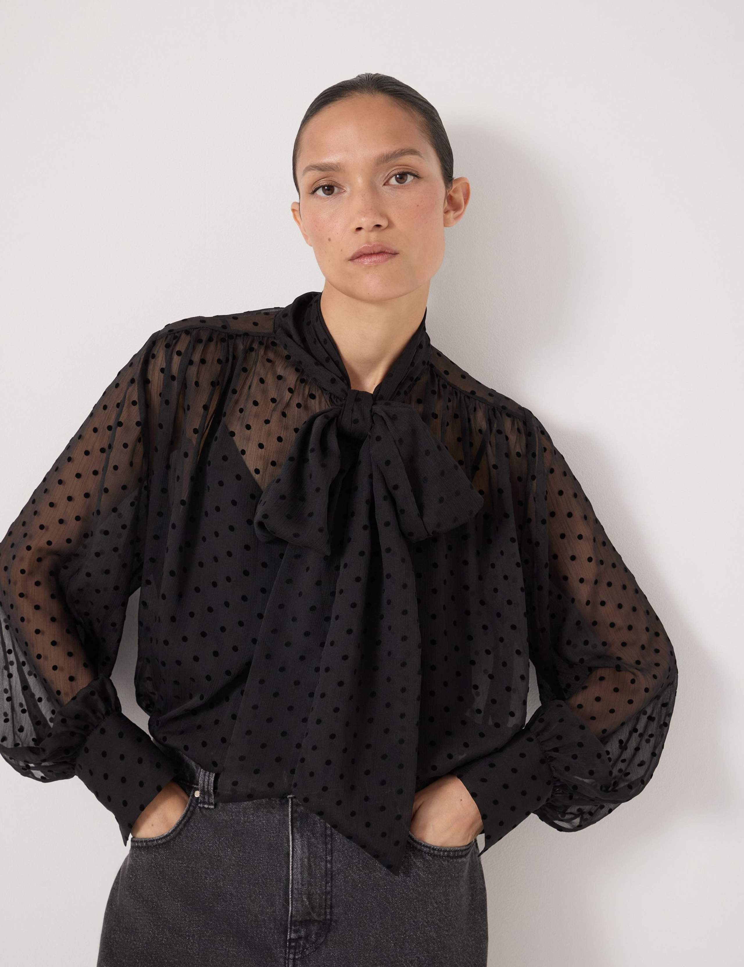 Sheer Flocked Polka Dot Spot Tie Neck Blouse