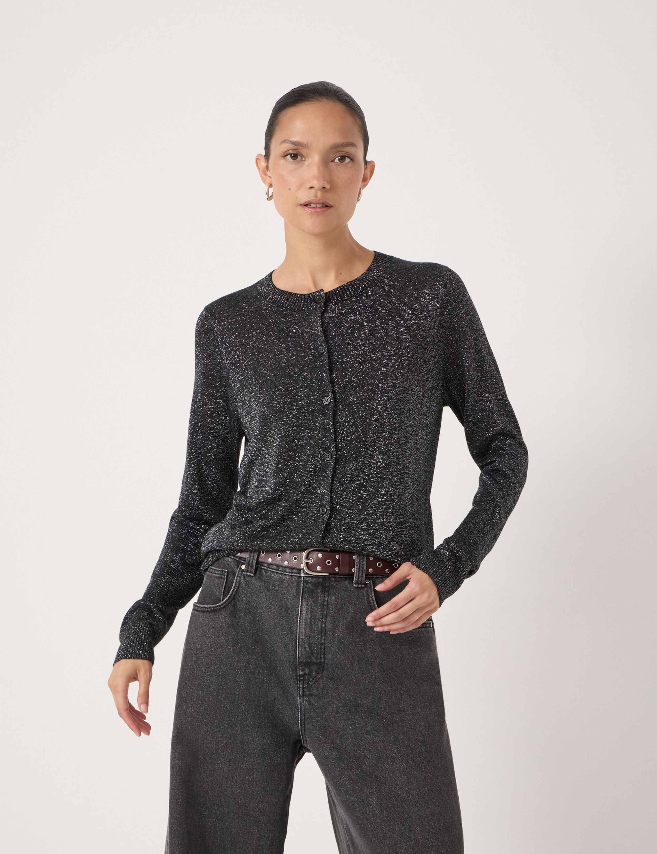 Crew Neck Metallic Slim Fit Cardigan