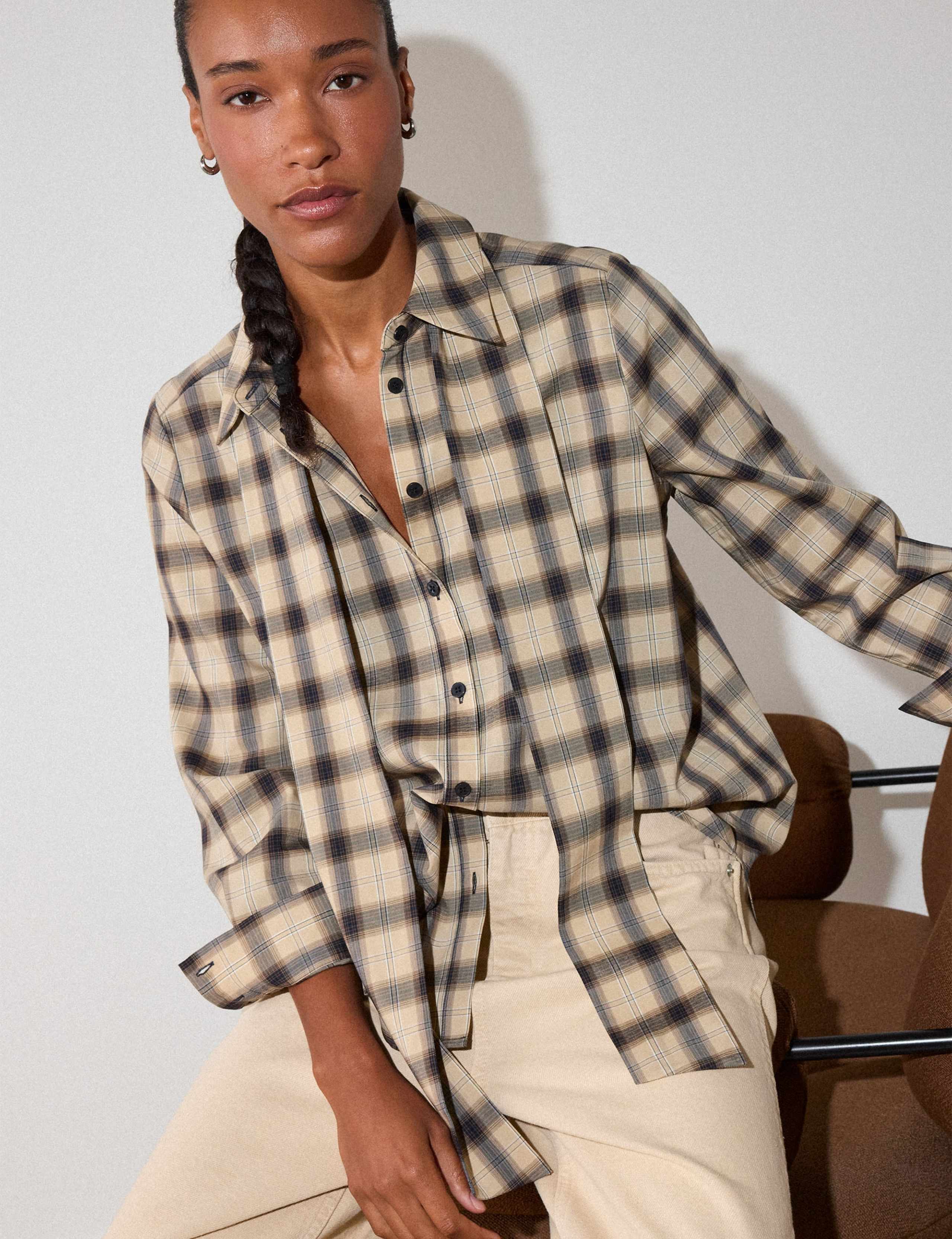 Checked Scarf Detail Shirt with Lyocell