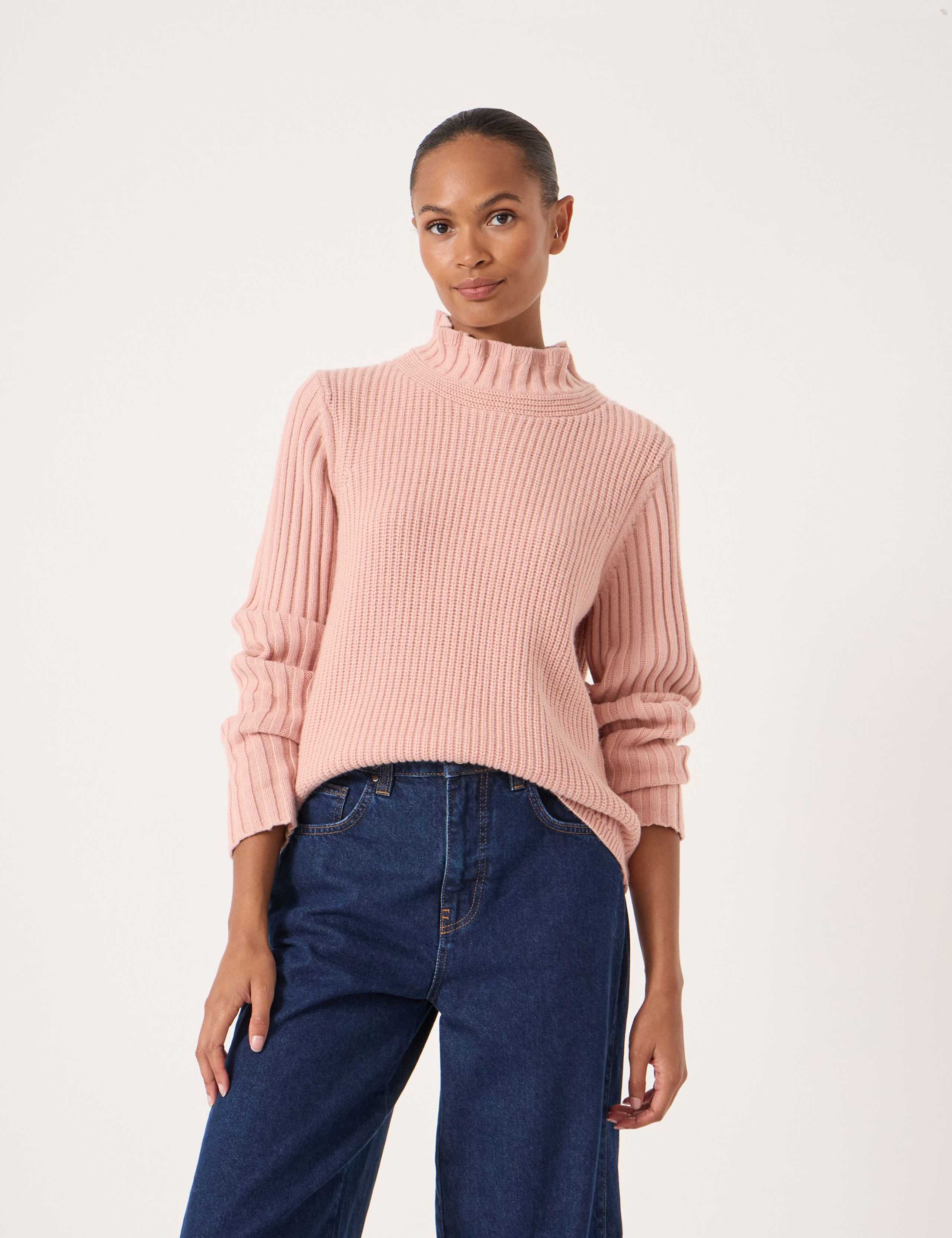 Ribbed Frill Neck Jumper with Wool