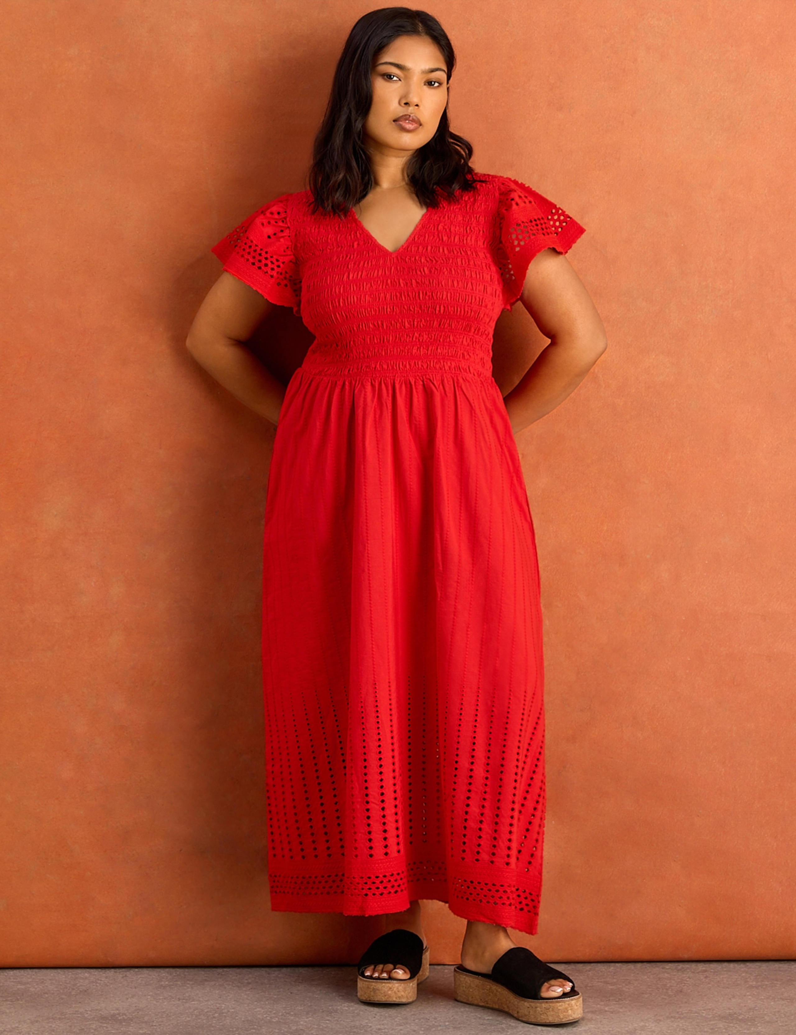 Pure Cotton V-Neck Midaxi Shirred Dress