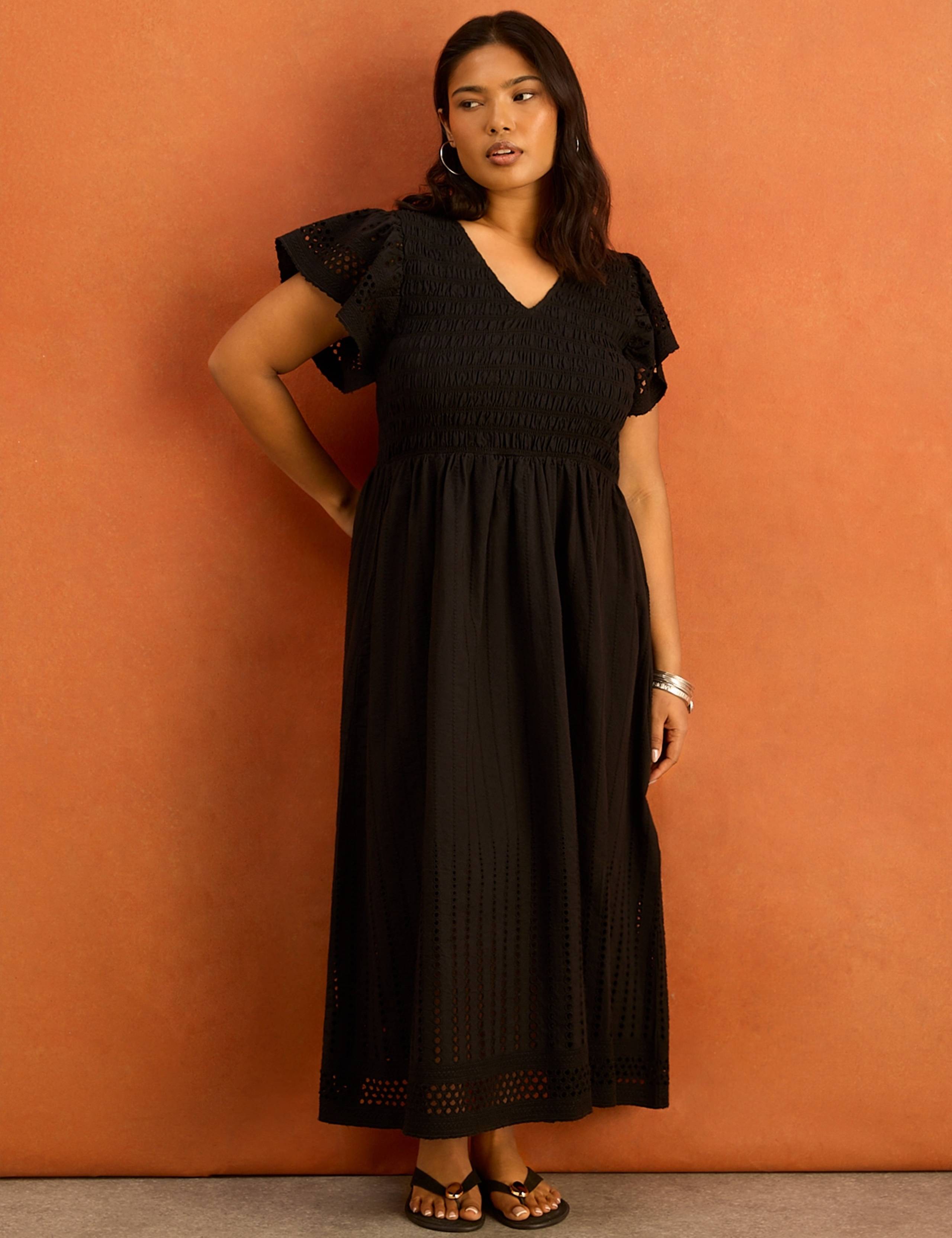 Pure Cotton V-Neck Midaxi Shirred Dress