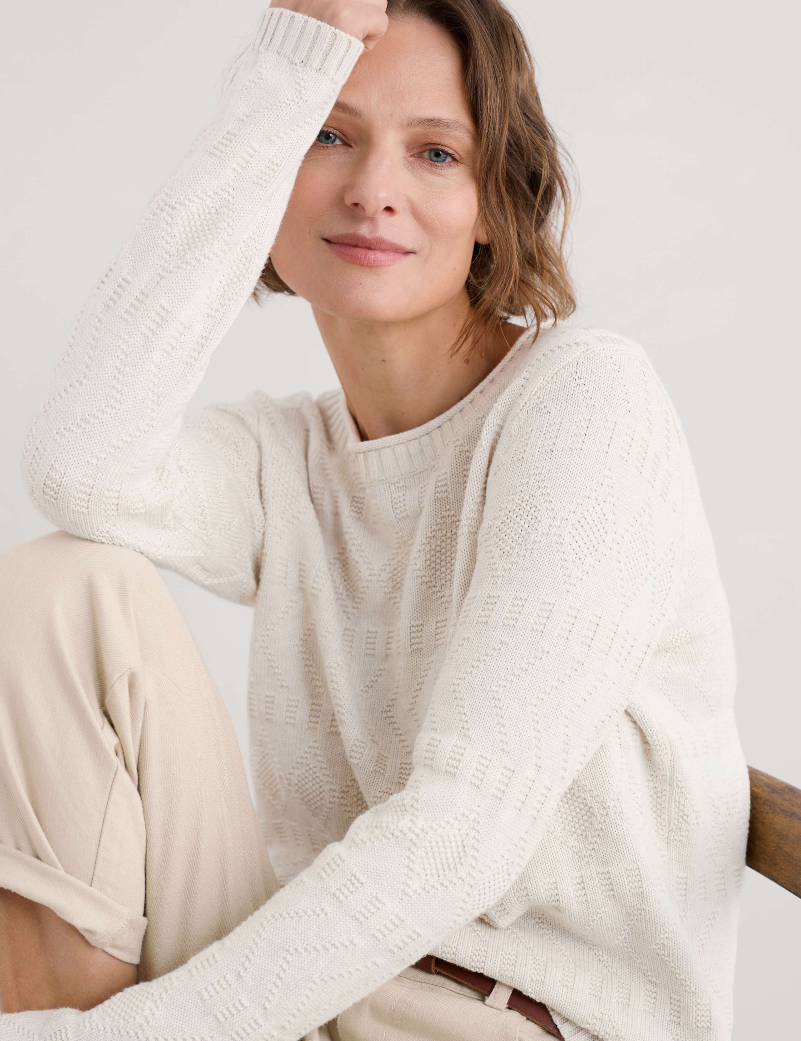 Pure Cotton Diamond Stitch Crew Neck Jumper