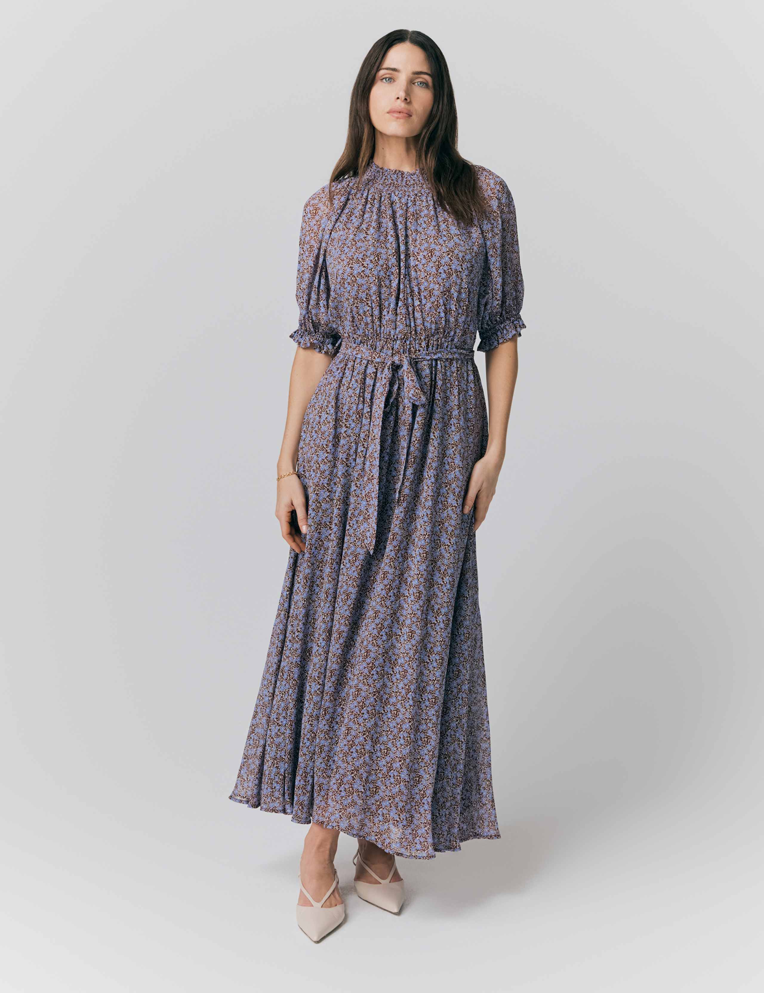 Georgette Floral Shirred Maxi Waisted Dress
