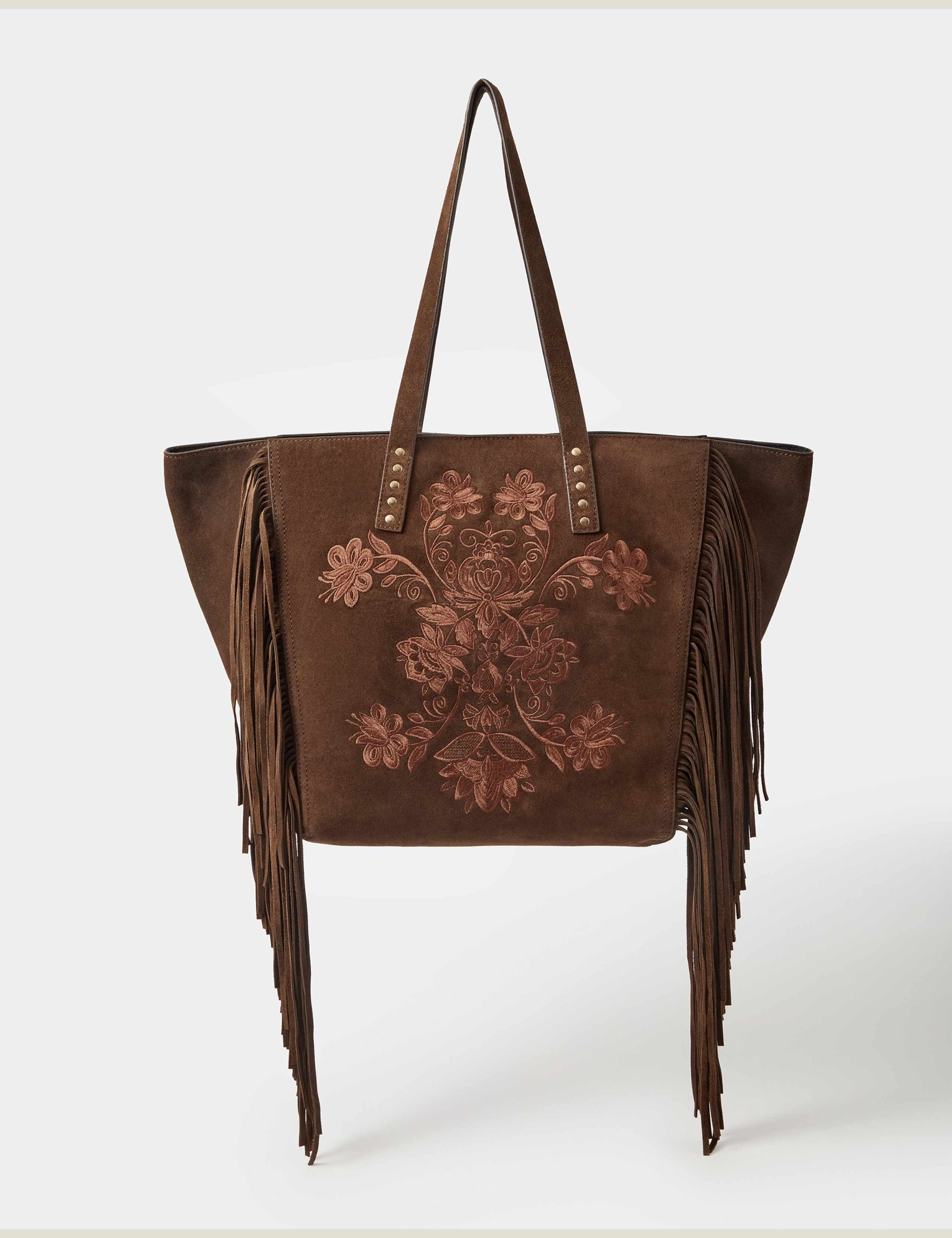 Suede Embroidered Fringed Tote Bag