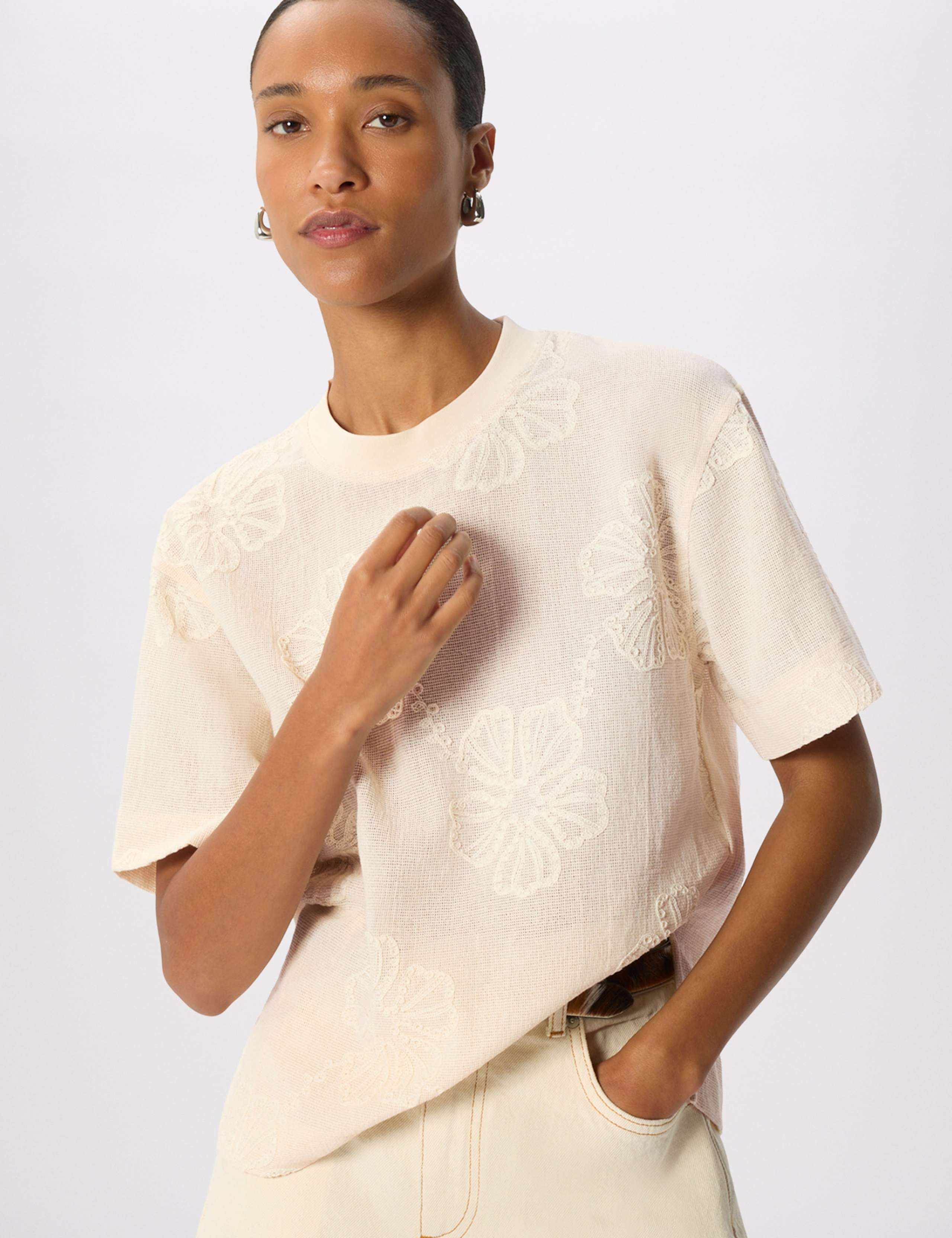 Jersey Textured Floral Embroidered Top
