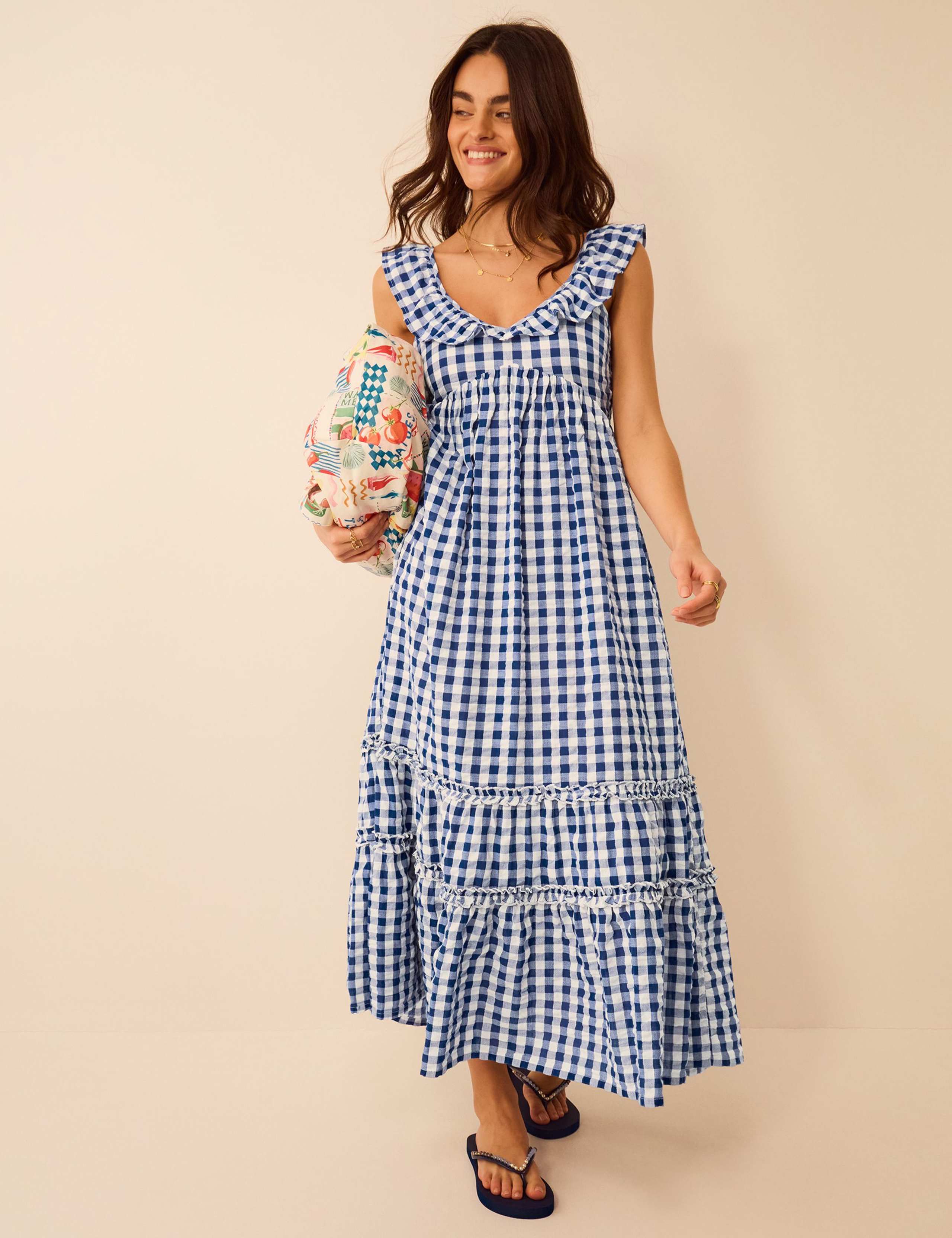 Pure Cotton Gingham V-Neck Beach Dress