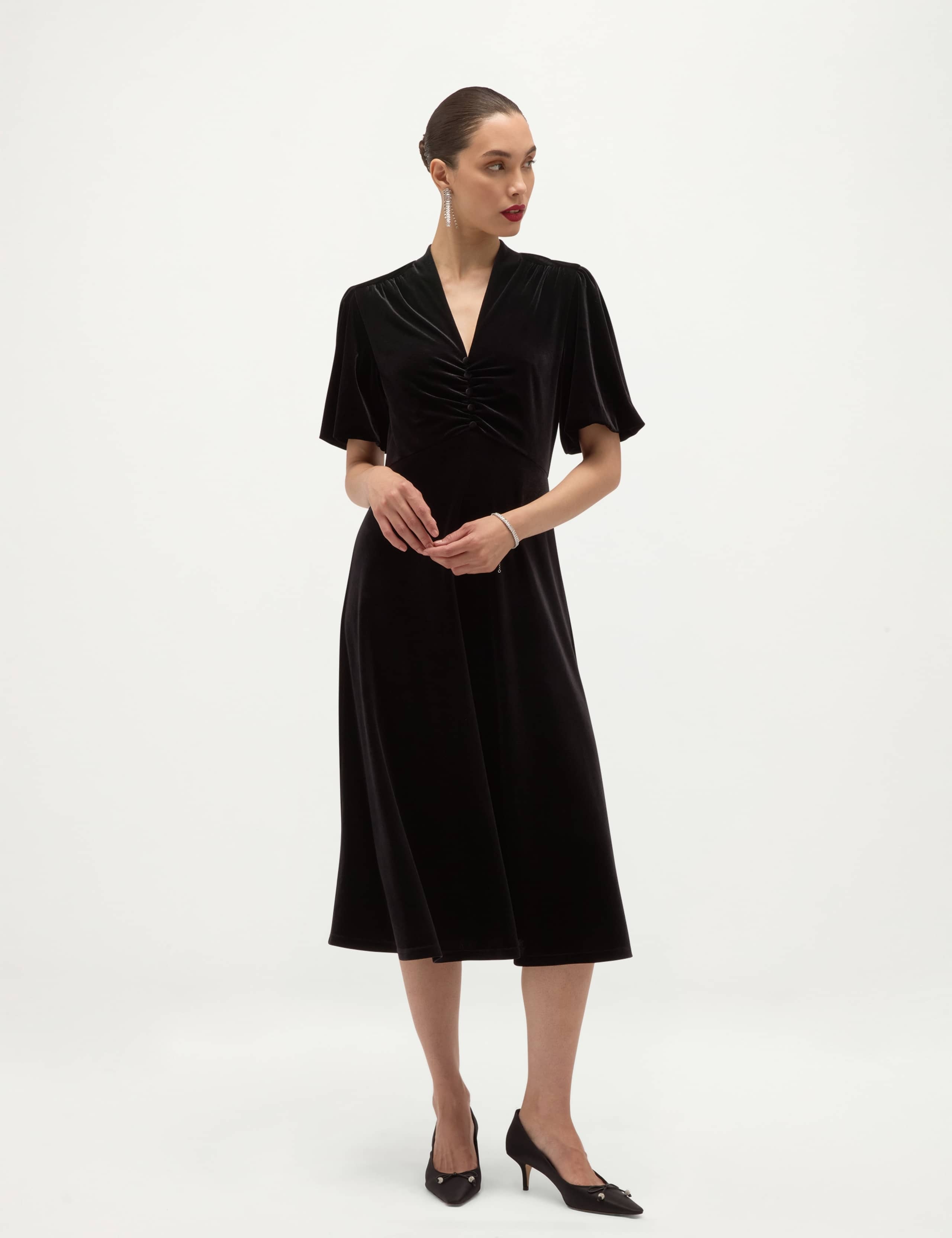 Velvet Puff Sleeve V Neck Knee Length Dress