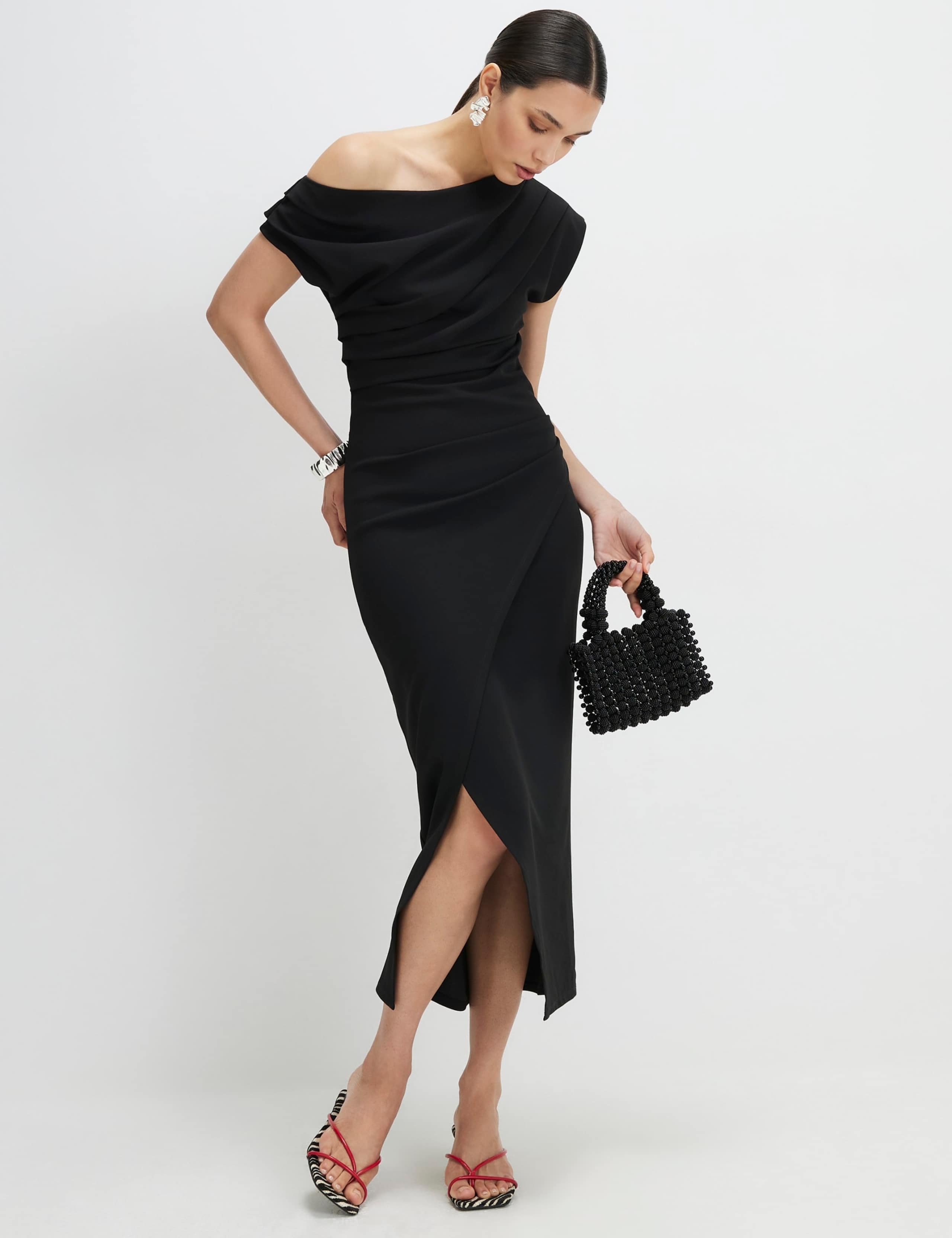 One Shoulder Draped Midi Bodycon Dress