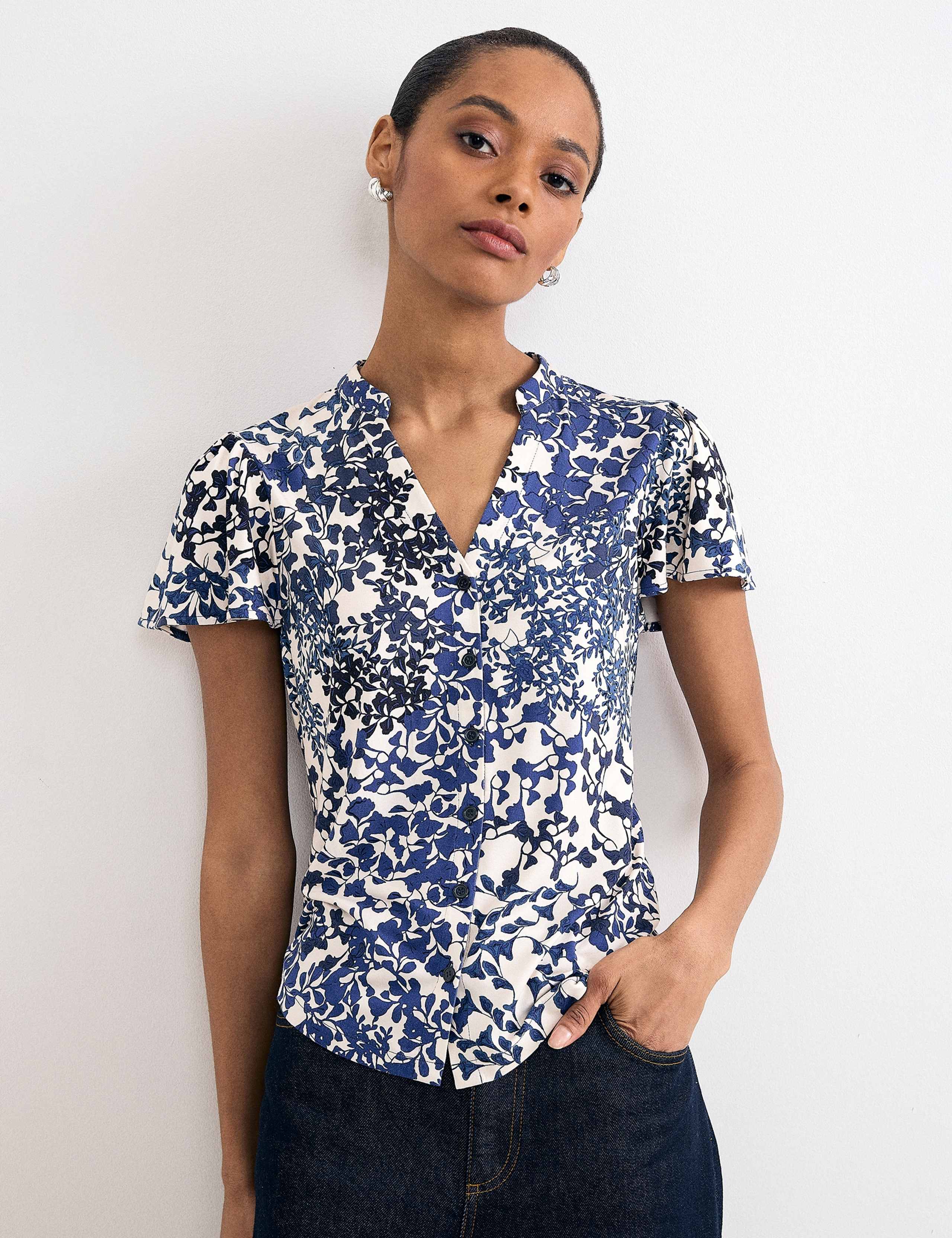 Jersey Floral Notch Neck Blouse