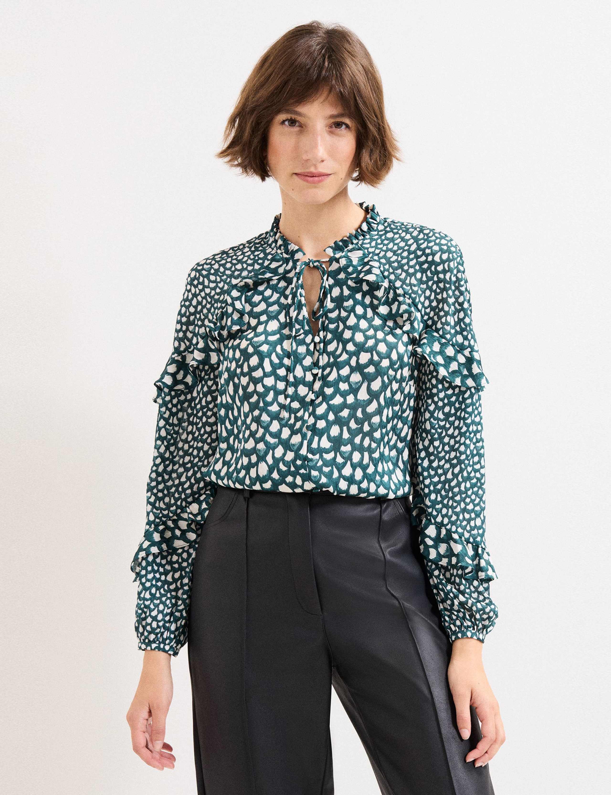 Printed Tie Neck Frill Detail Blouse