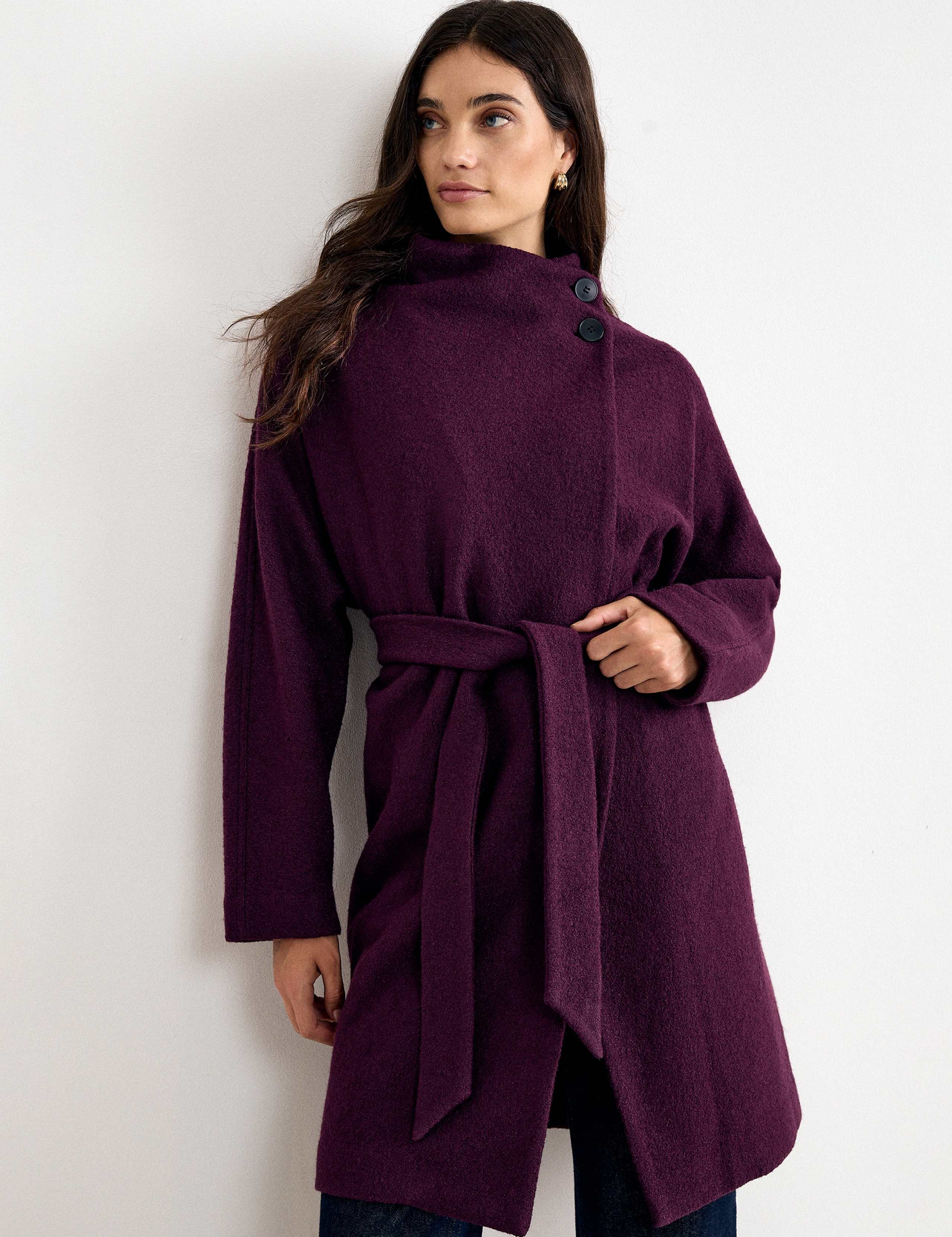 Wool Blend Belted Funnel Neck Coat