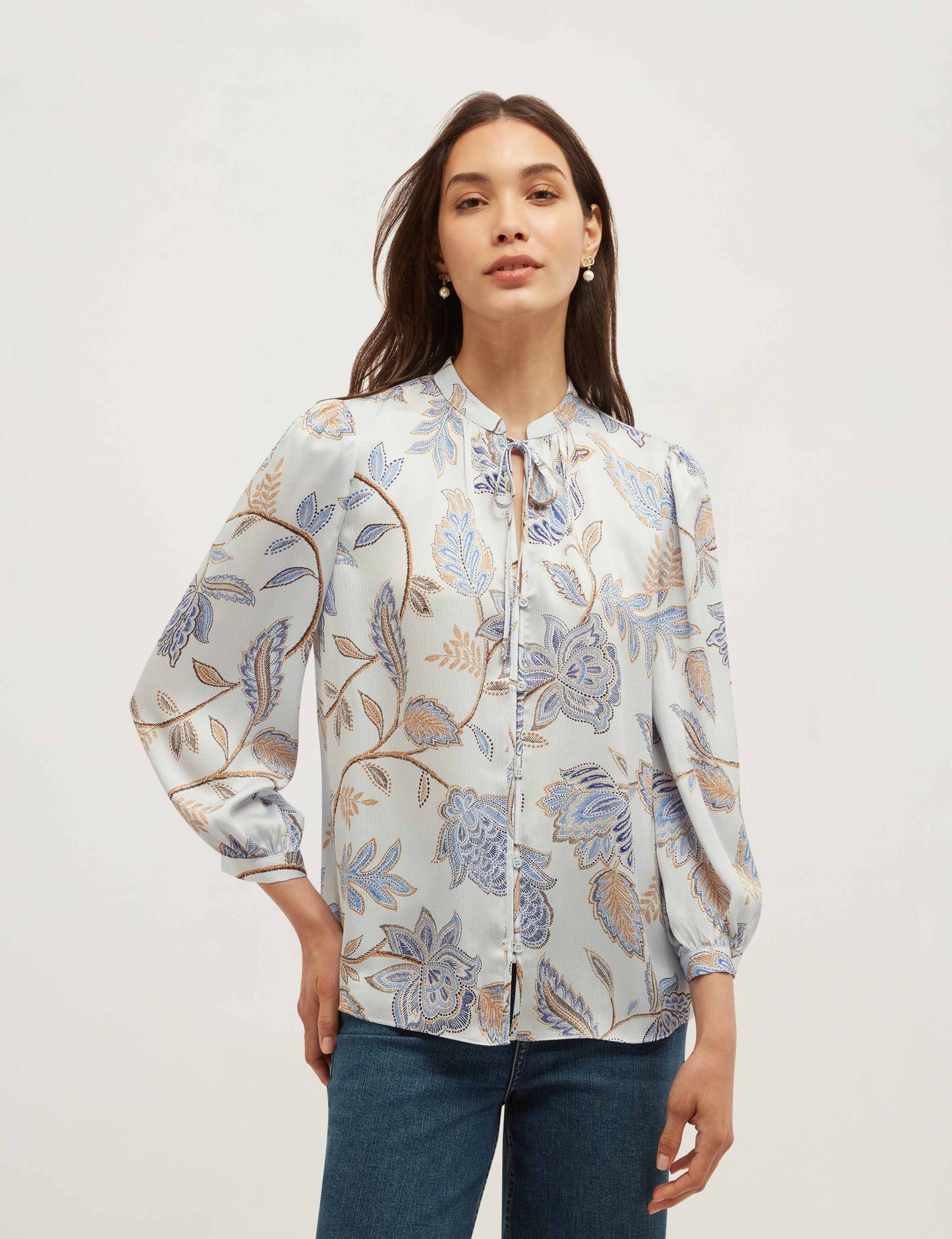 Floral Tie Neck Button Through Blouse