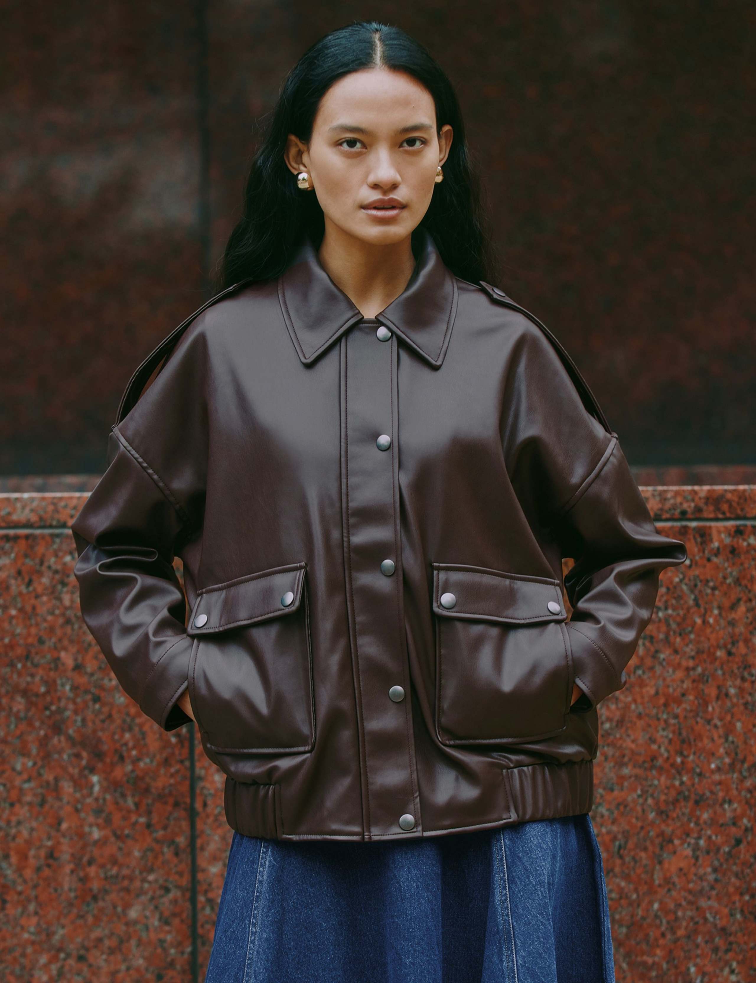 Faux Leather Collared Bomber Jacket