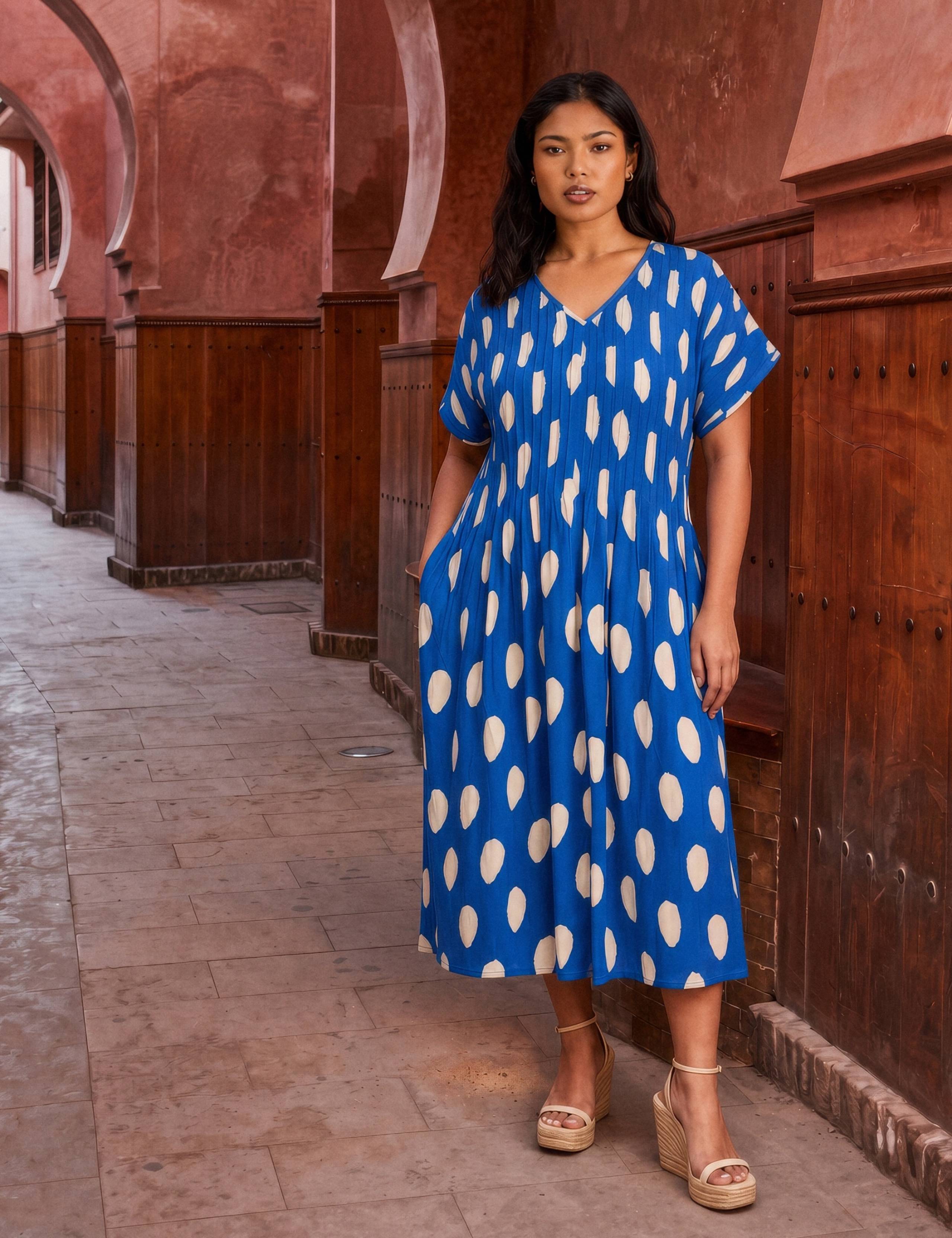 Spot Print V-Neck Midi Smock Dress