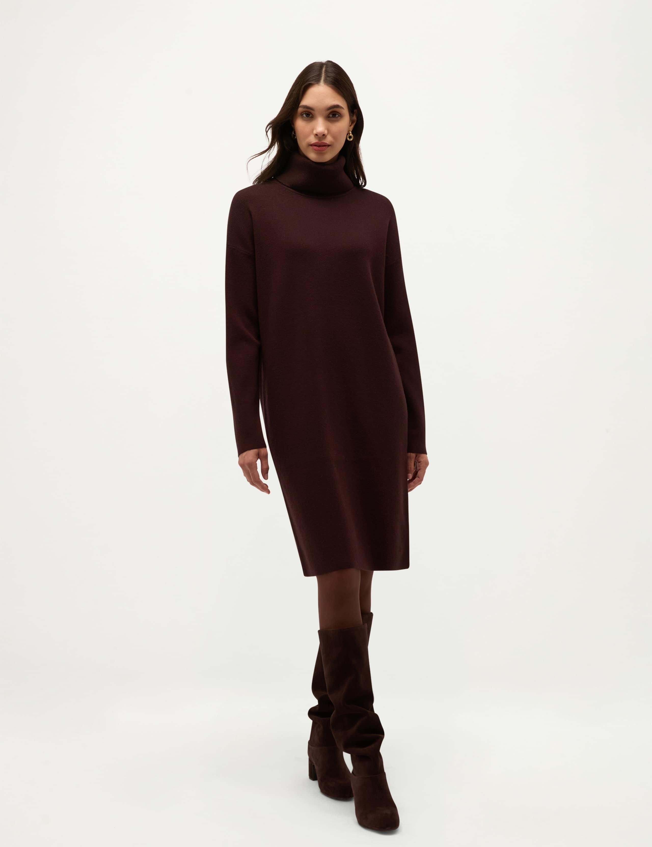 Wool Blend Roll Neck Knee Length Knitted Dress