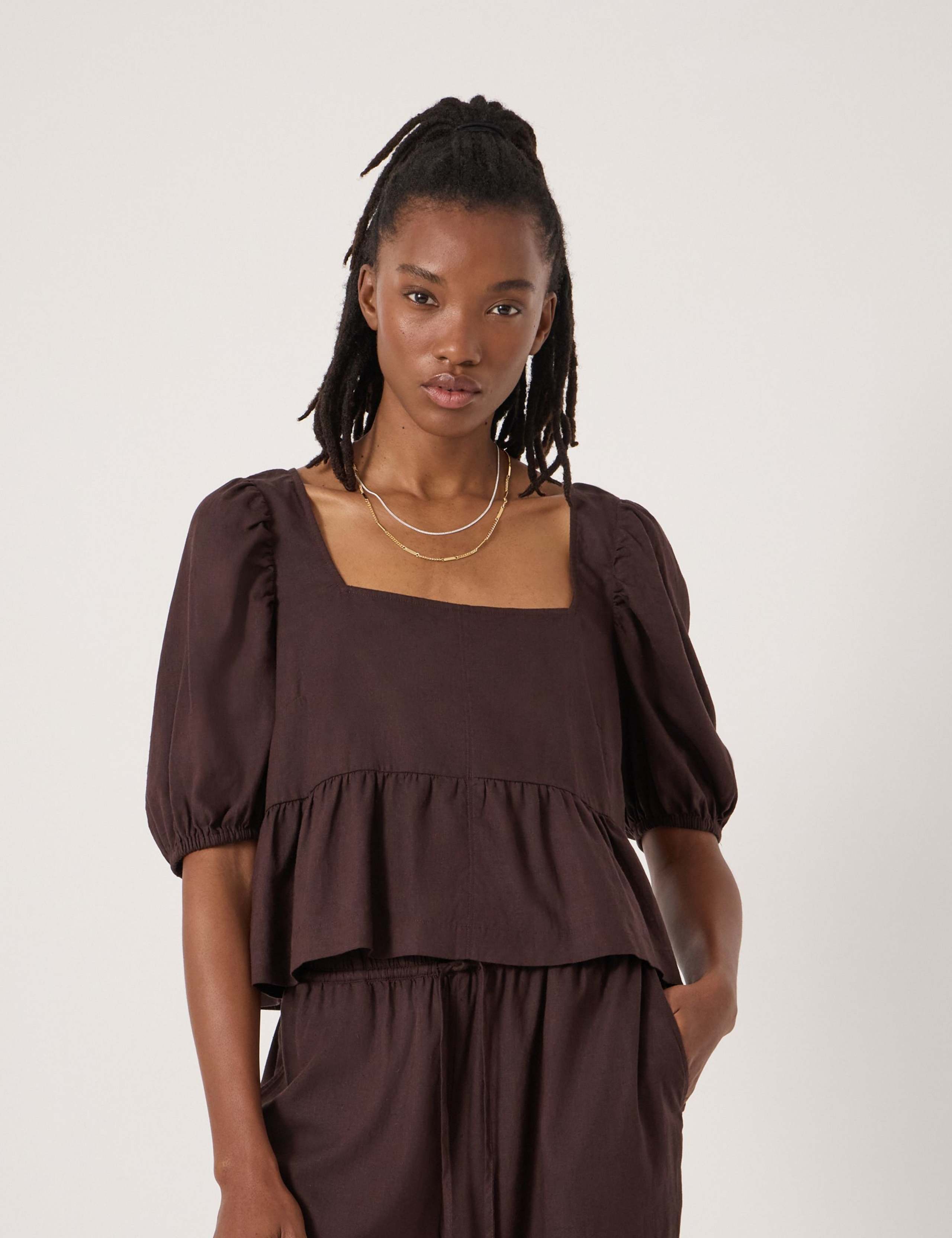 Linen Rich Square Neck Puff Sleeve Beach Top